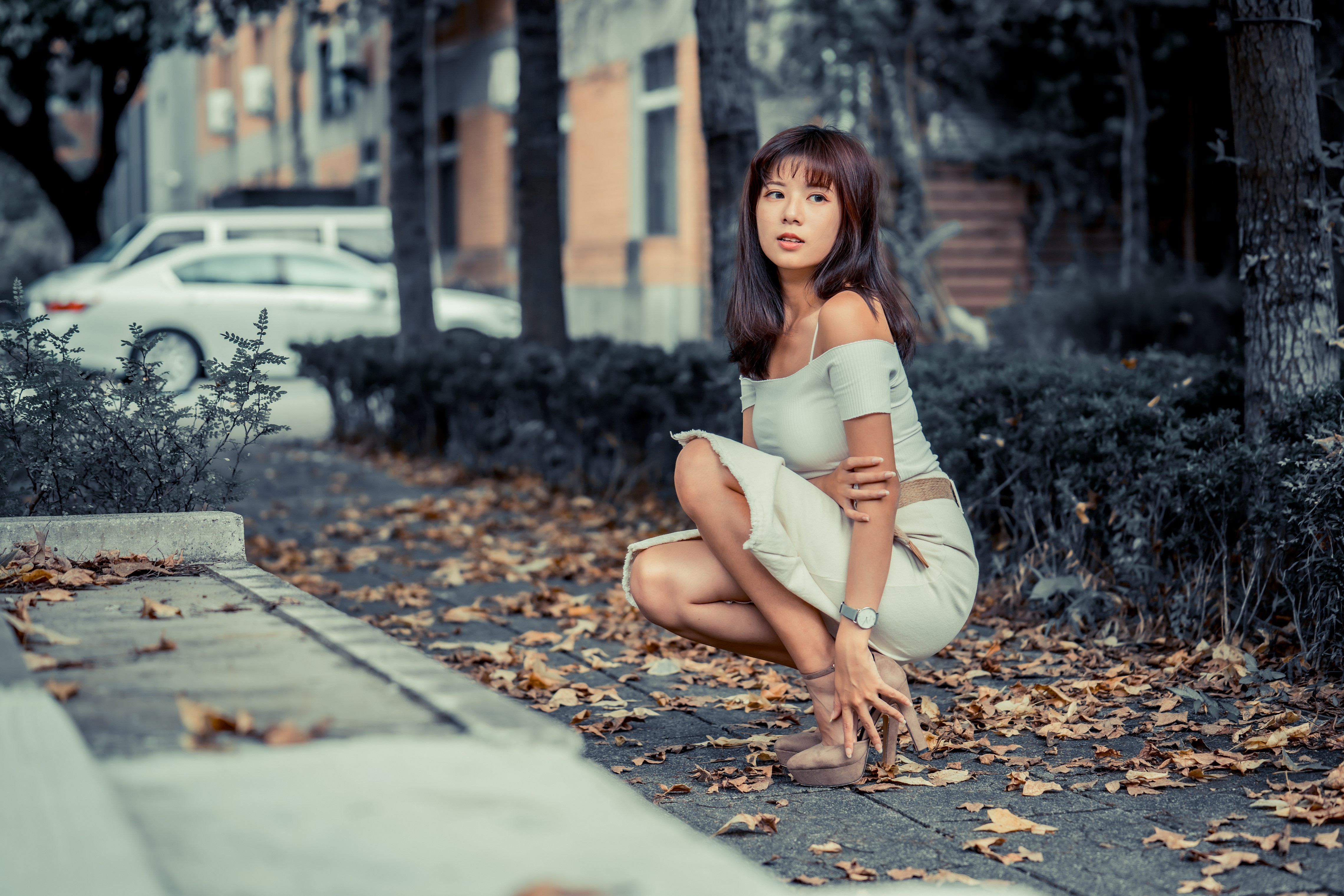 4K Asian Woman Sitting Among Autumn Foliage HD Wallpaper