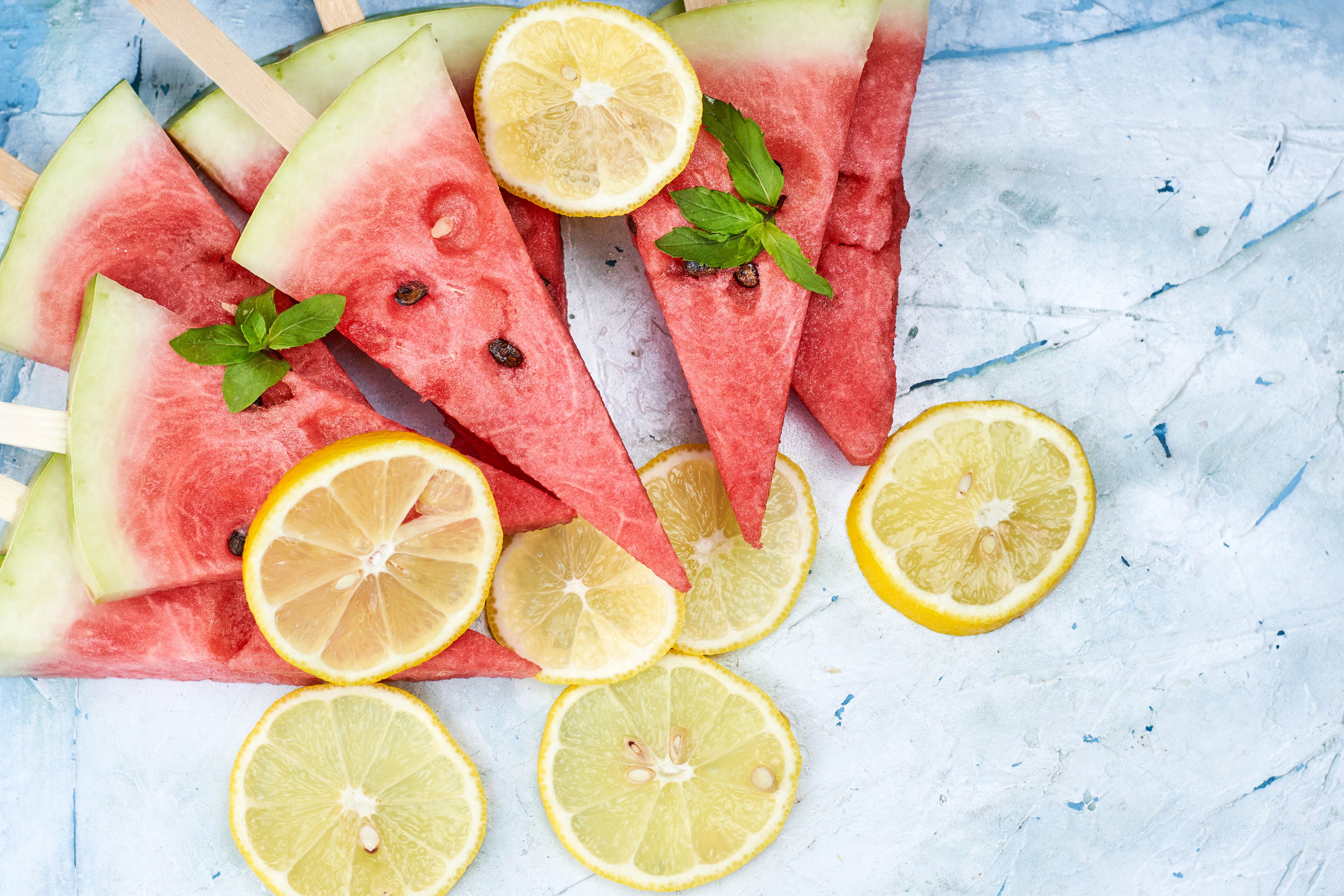 Watermelon slices and lemon slices with mint HD Wallpaper