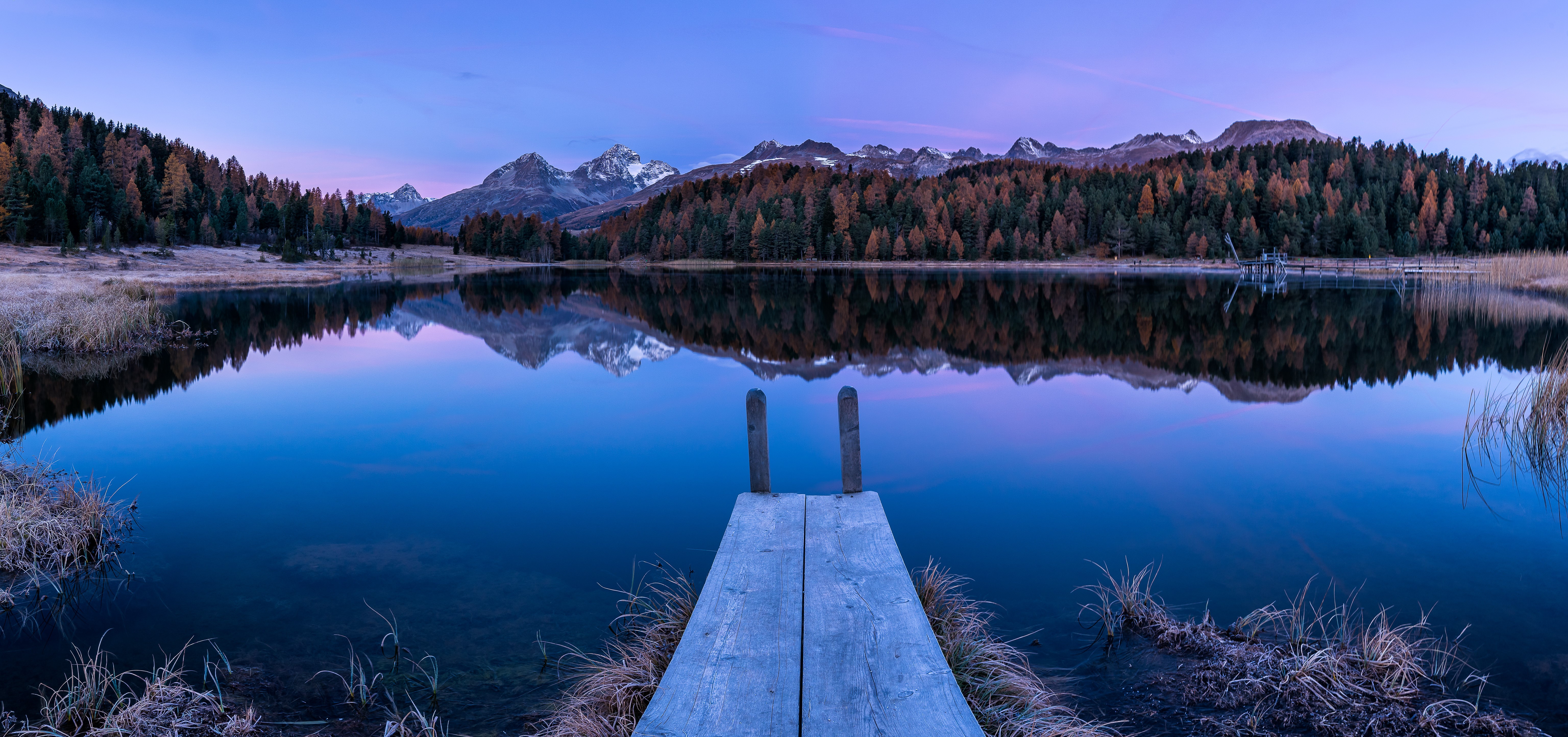 Lake of Staz, Switzerland, Alps, Autumn Morning Panorama HD Wallpaper