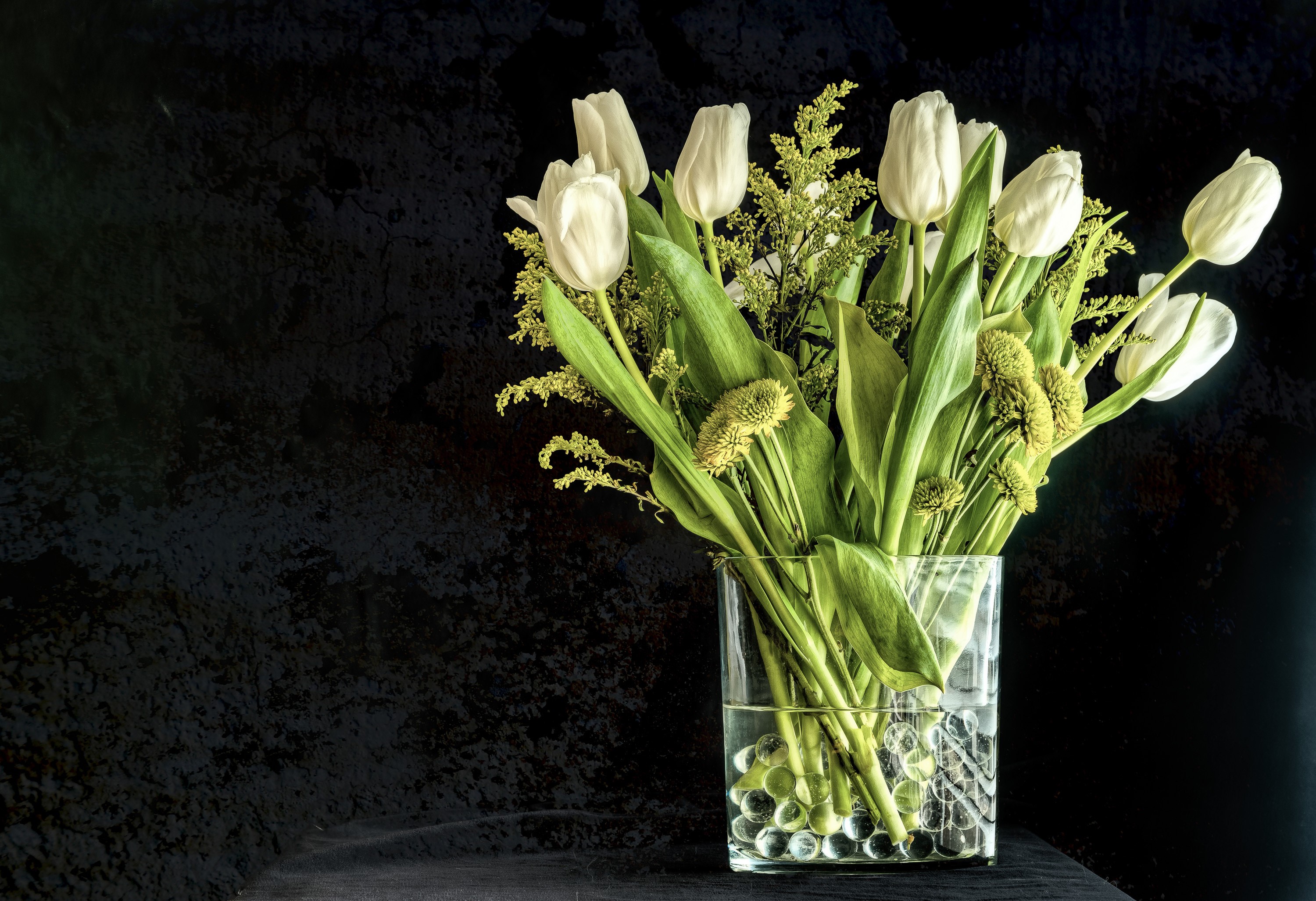 White tulips in a glass vase with a gray background HD Wallpaper
