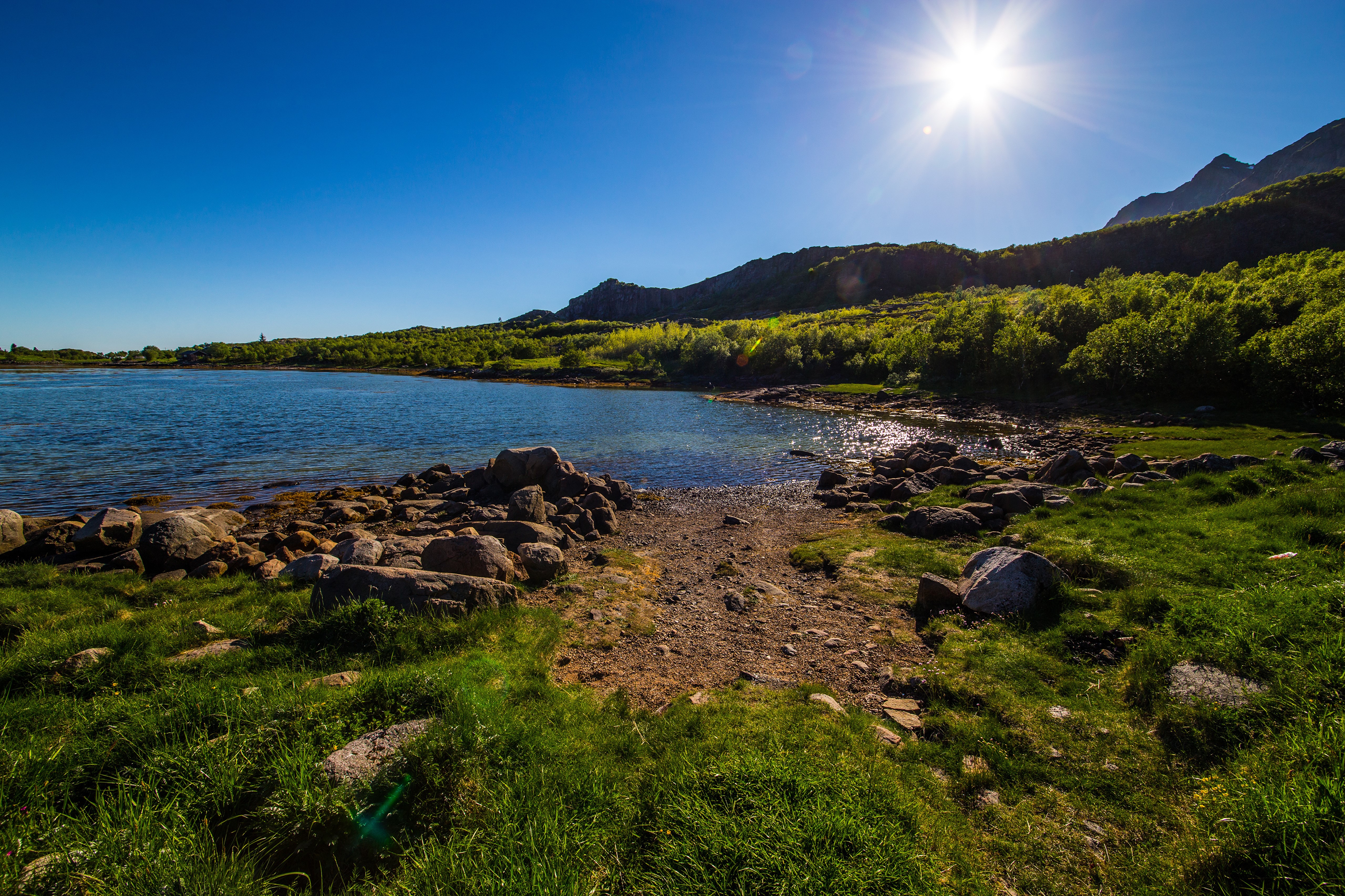 Norway Lofoten Mountains Lake Stones Sun HD Wallpaper