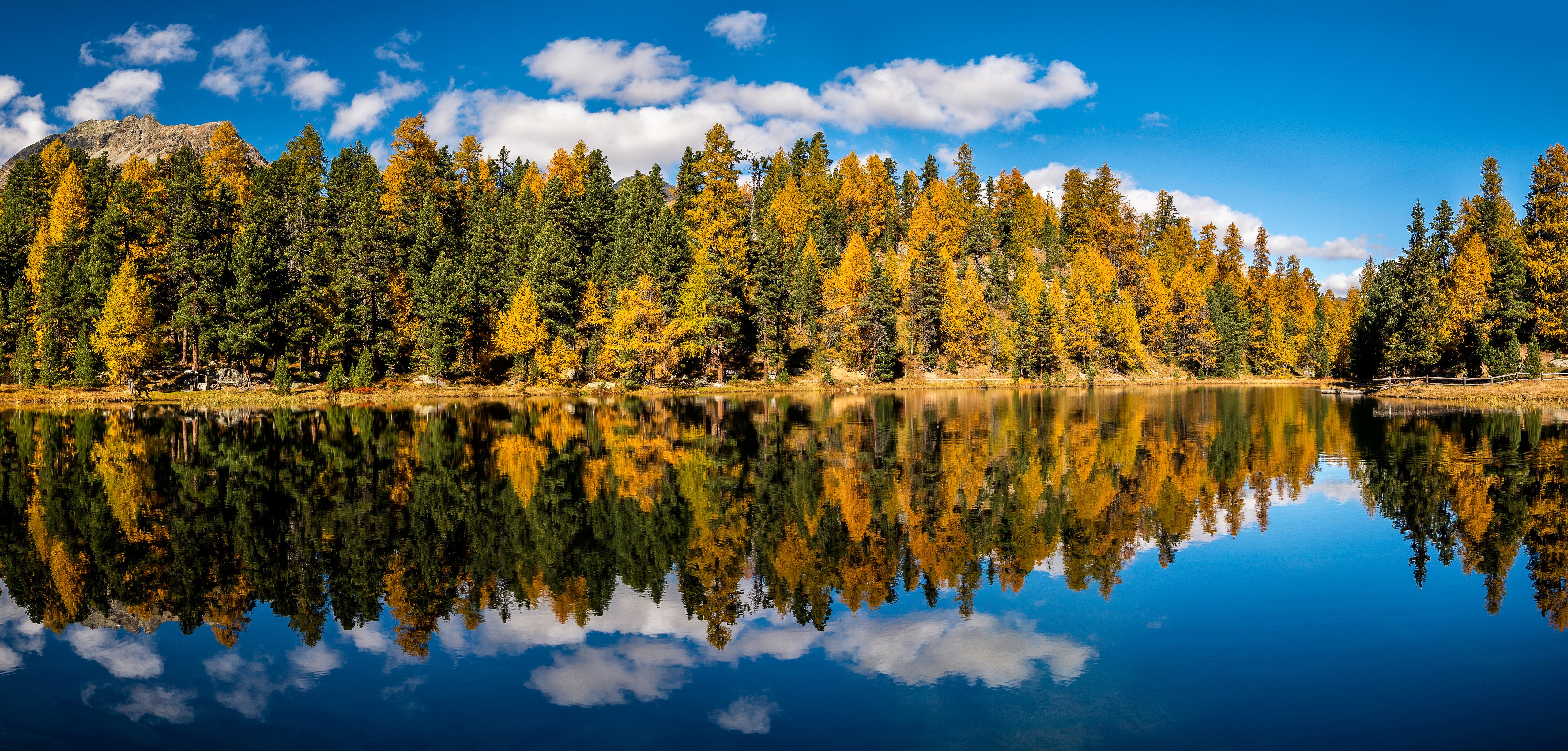 Autumn forest and lake reflection in Switzerland HD Wallpaper