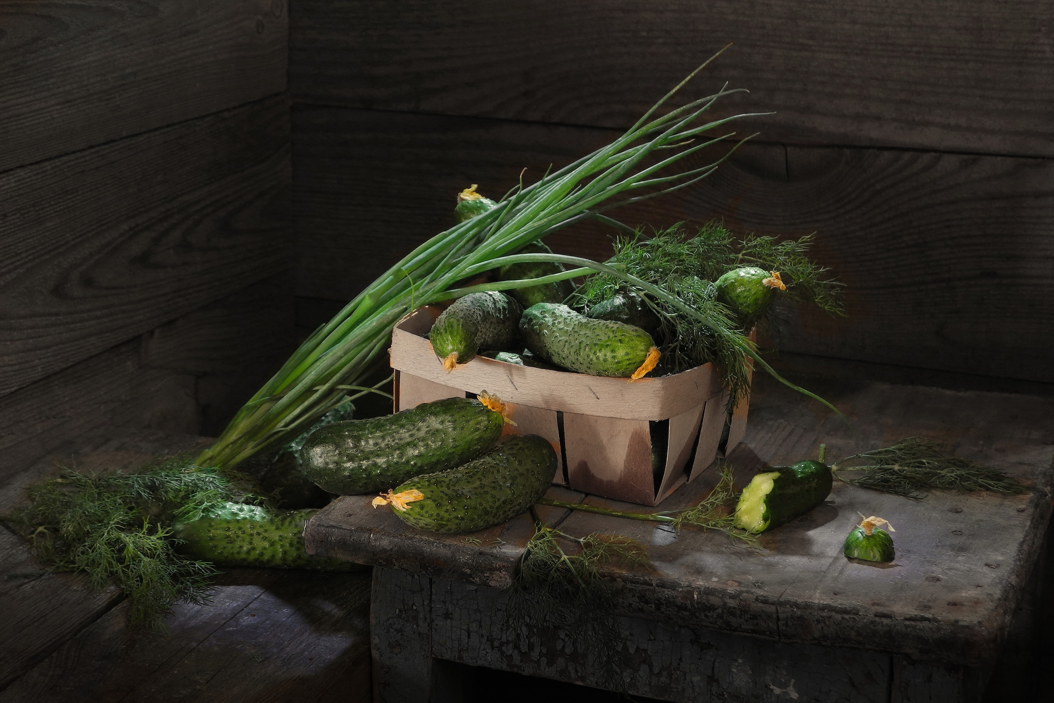 Cucumbers, Dill, and Scallions in a Basket HD Wallpaper