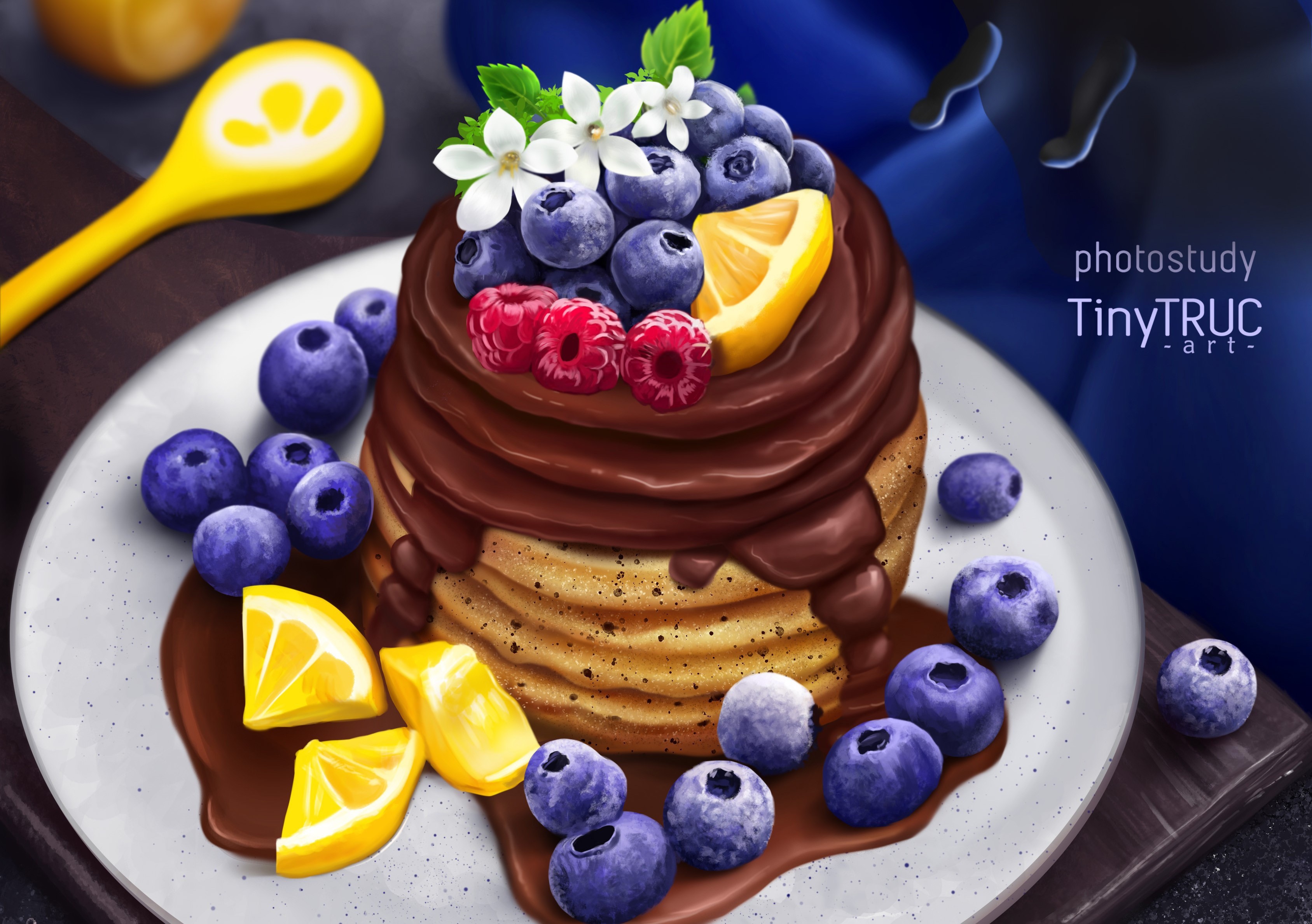 Pancakes with chocolate, blueberries, raspberries, and lemon slices HD Wallpaper