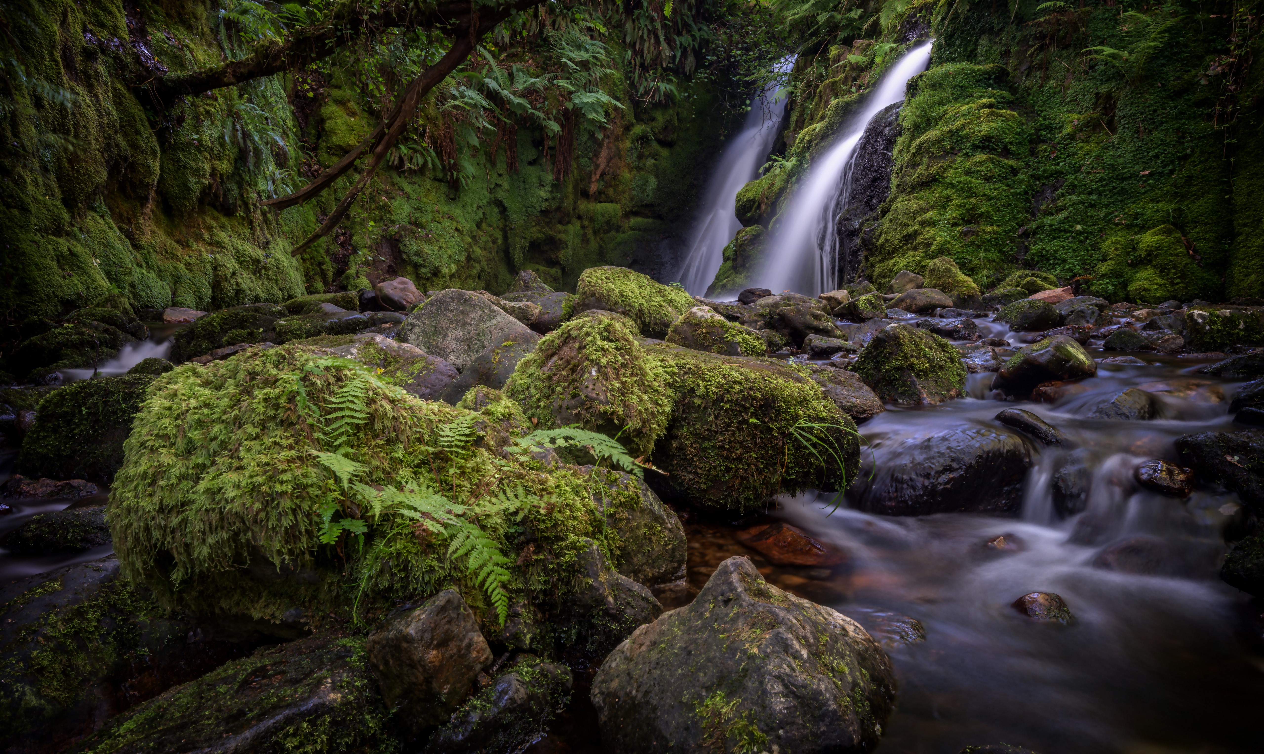 Waterfall and moss-covered rocks in Dartmoor, England HD Wallpaper