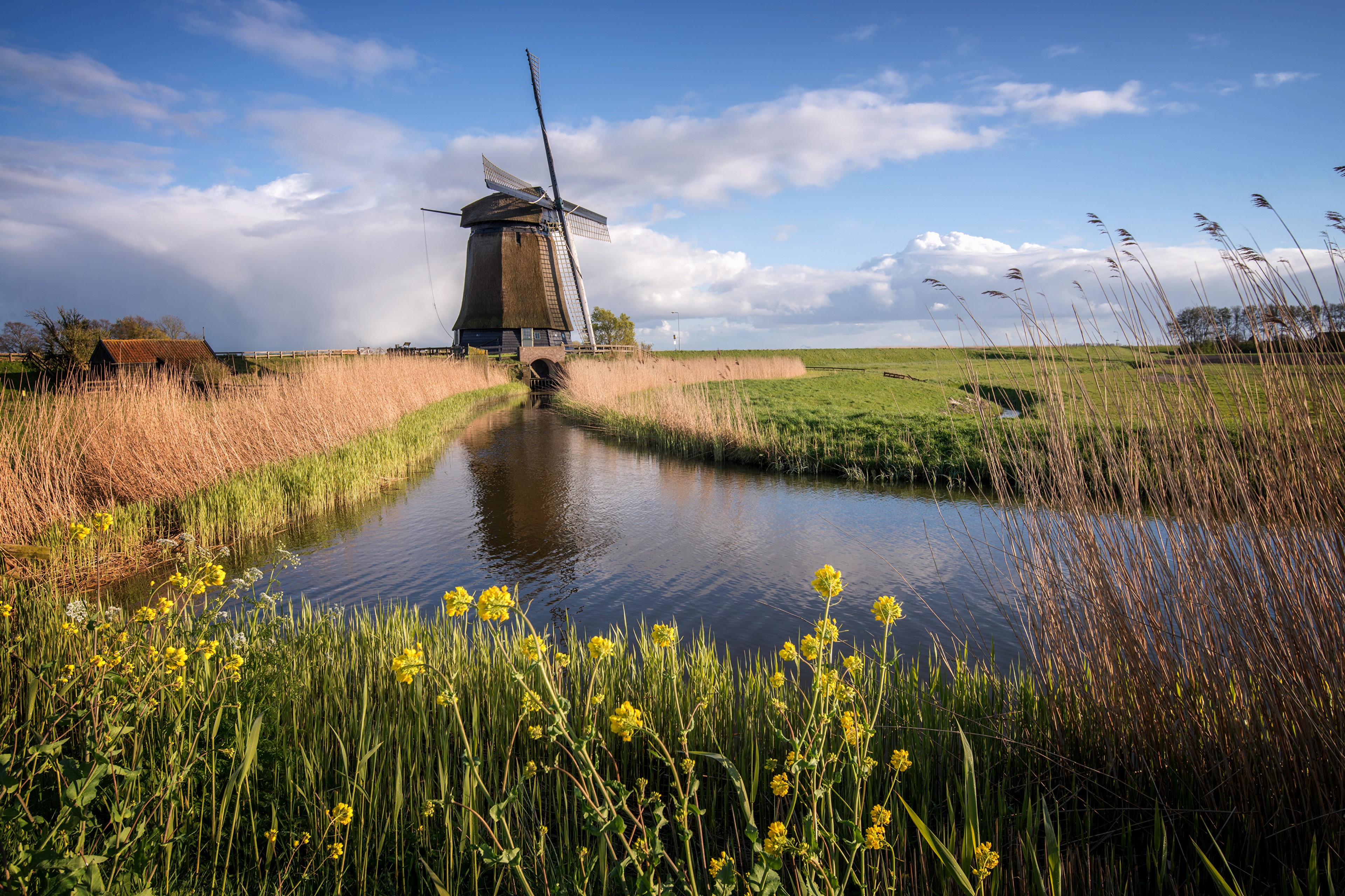4K Netherlands Mill Canal Clouds HD Wallpaper