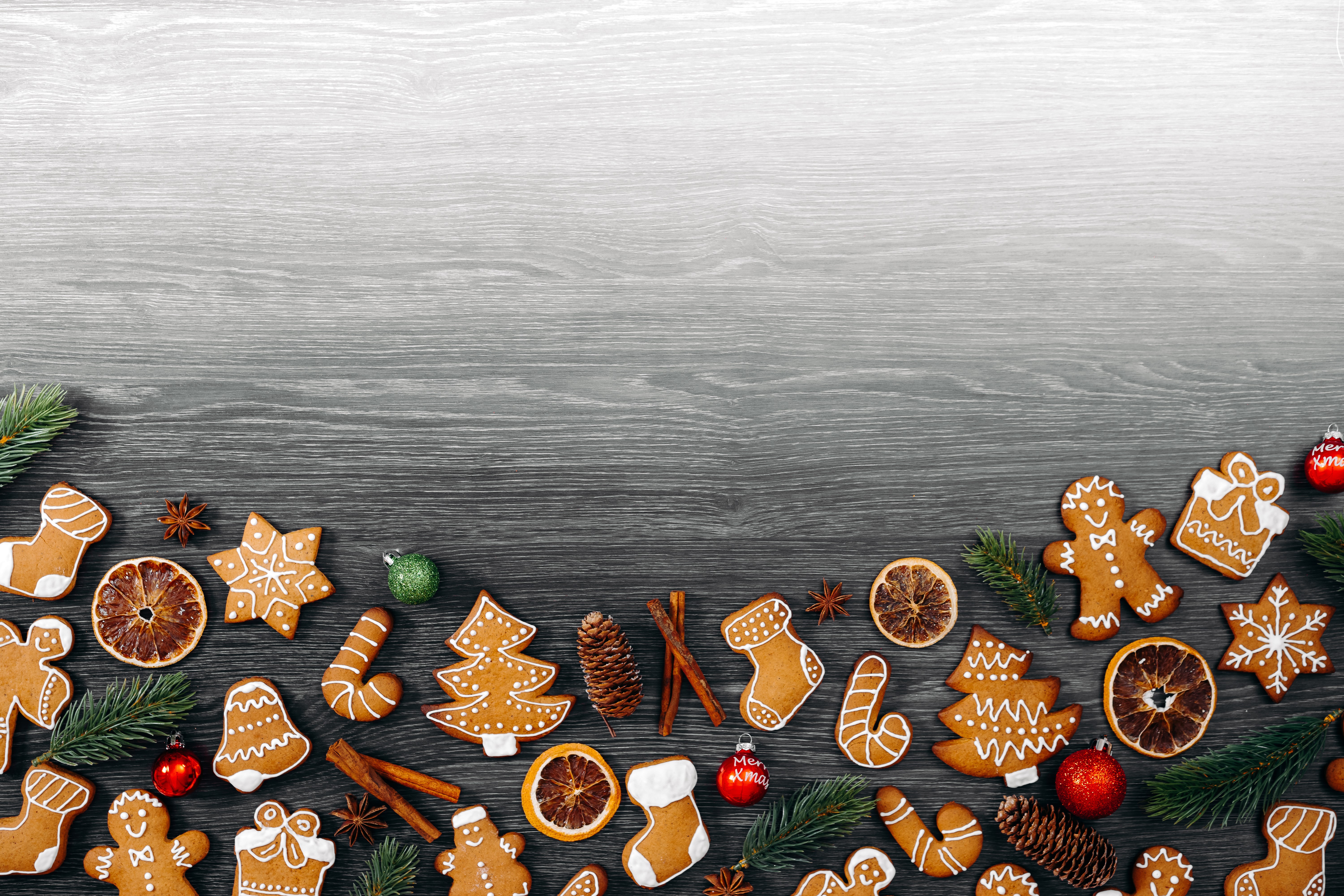 Christmas Cookies and Decorations on Wooden Surface HD Wallpaper