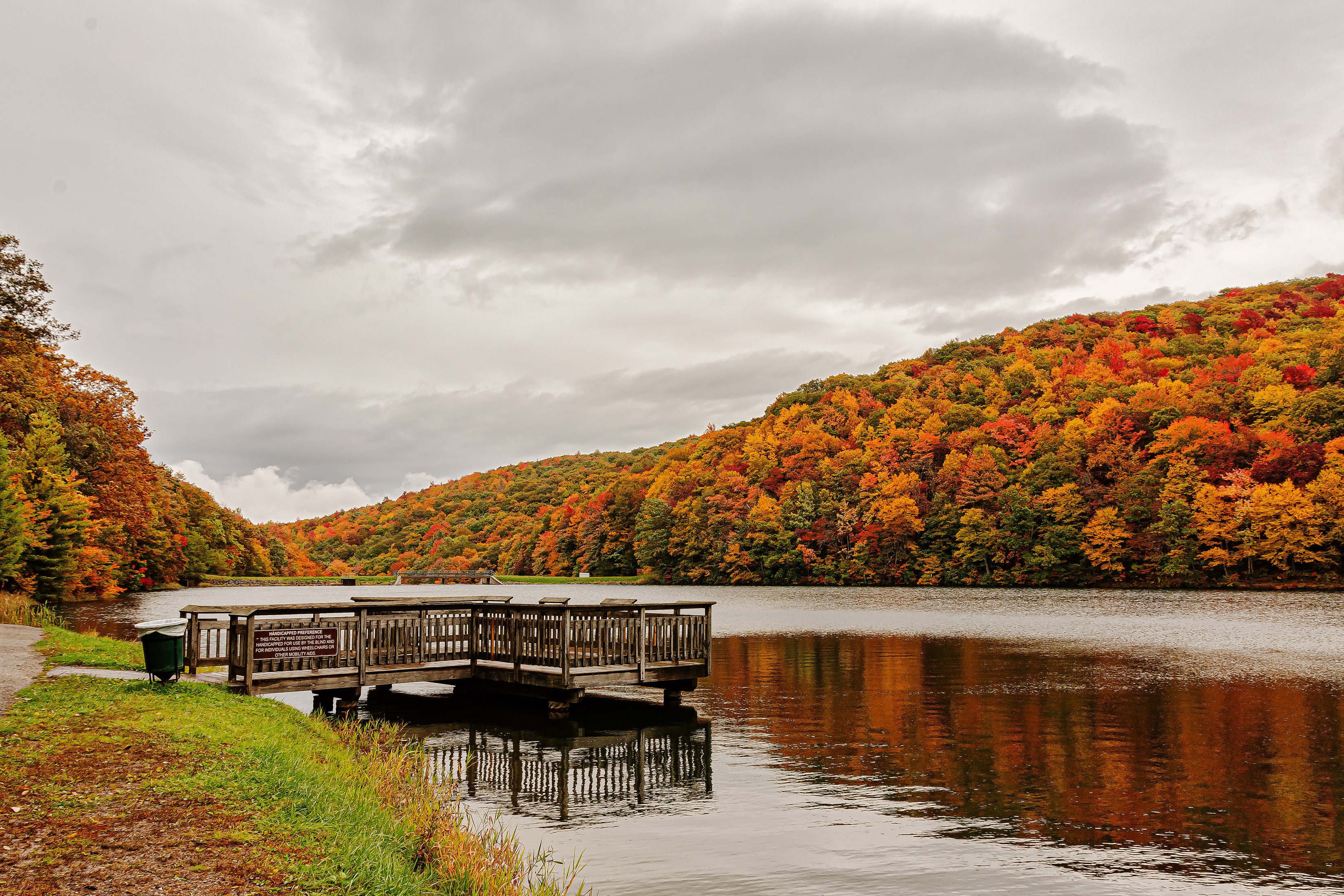 Autumn foliage over a lake with a wooden pier in Norton, Virginia HD Wallpaper