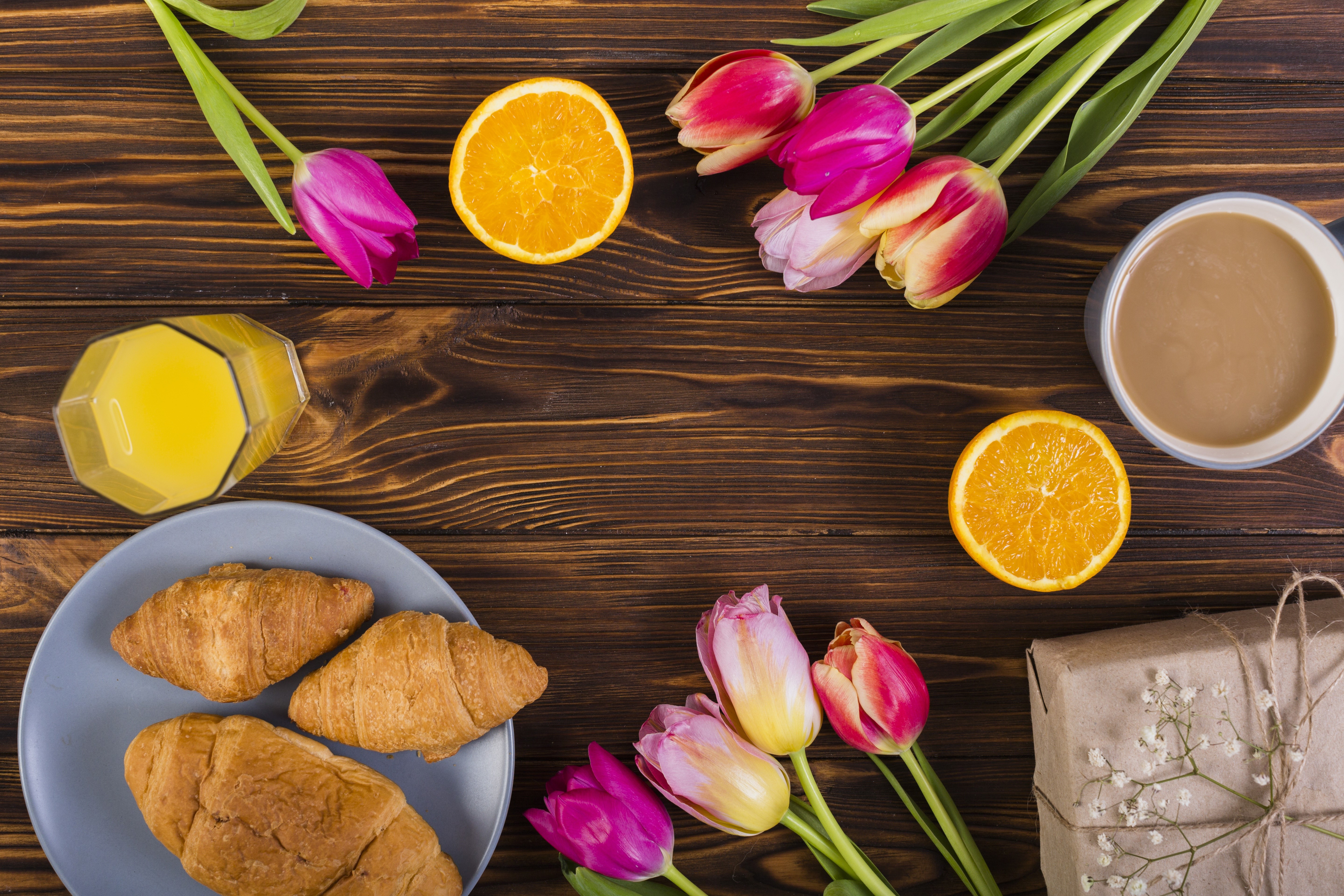 Breakfast with Tulips, Croissants, Juice, and Coffee HD Wallpaper