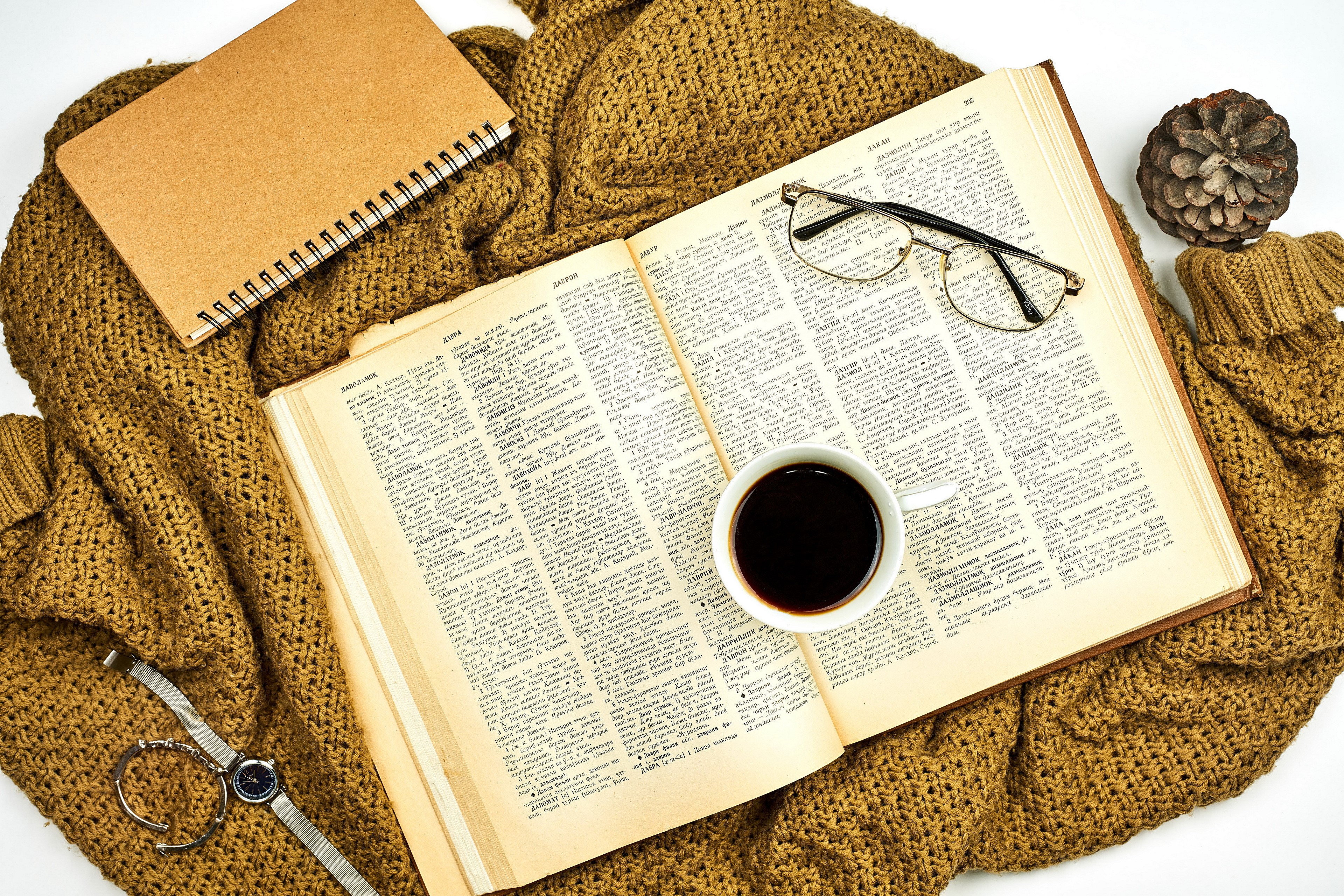Book, Coffee, Notepad, Glasses, and Watch on Blanket HD Wallpaper