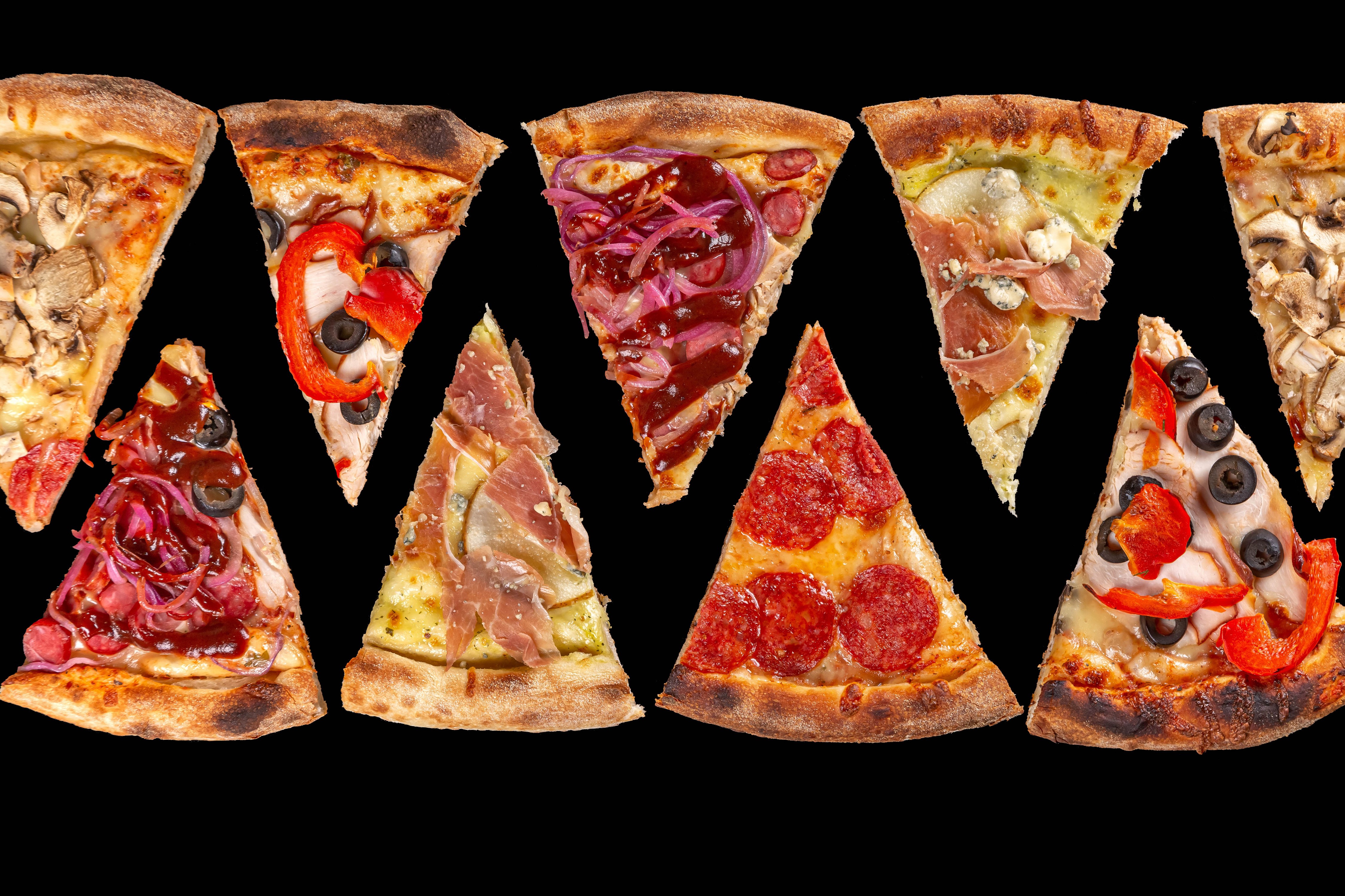 Various Slices of Pizza on Black Background HD Wallpaper