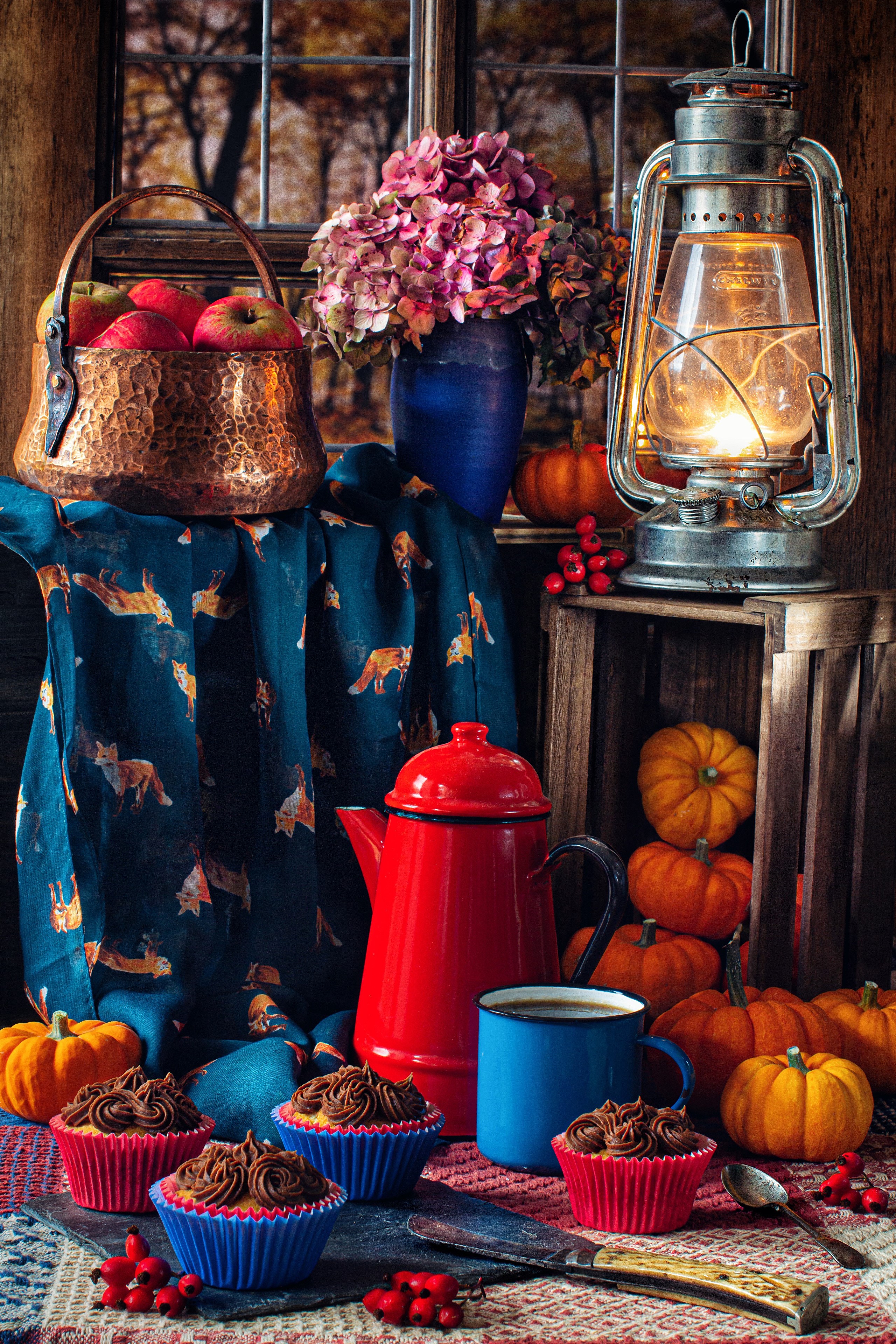 Autumn still life with cupcakes and pumpkins HD Phone Wallpaper