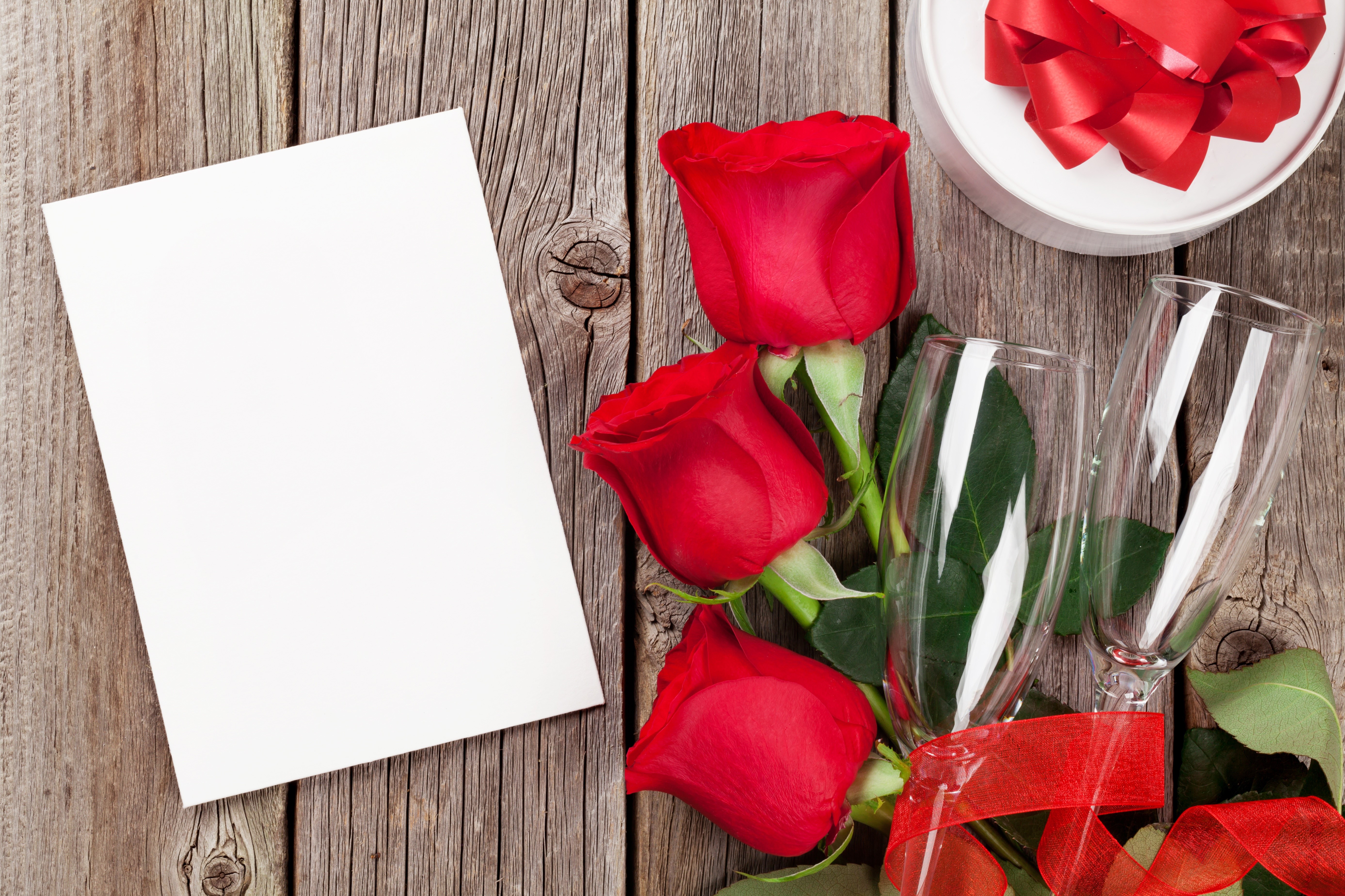 Red Roses, Champagne Glasses, Gift Box, and Card HD Wallpaper