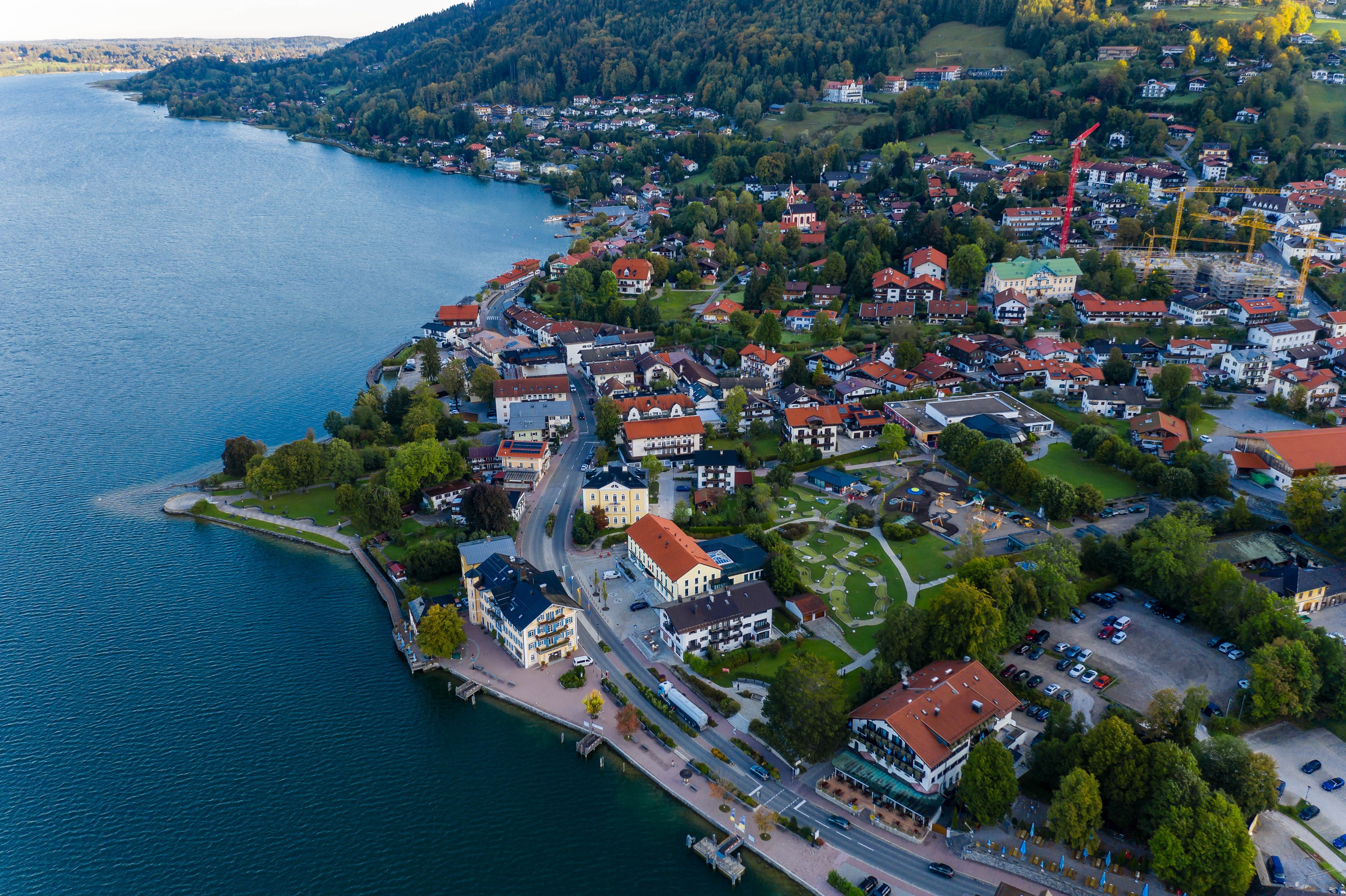 Aerial view of a town on a lake in Bavaria, Germany HD Wallpaper