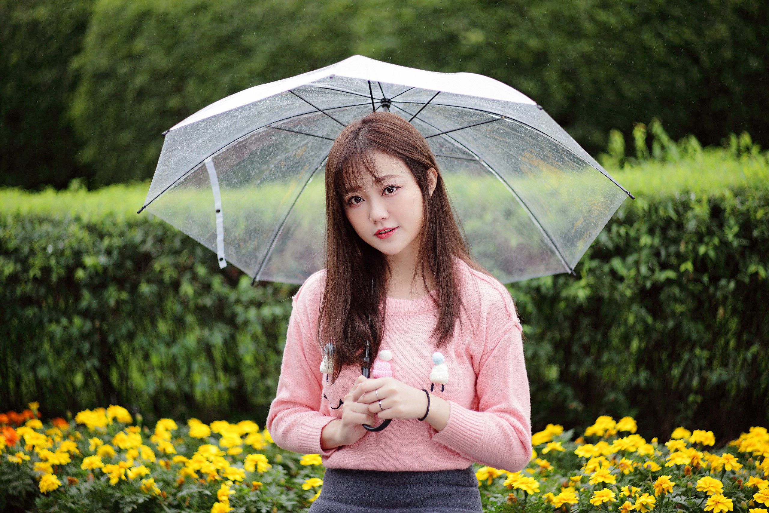 Asian Woman with Umbrella in Sweater HD Wallpaper