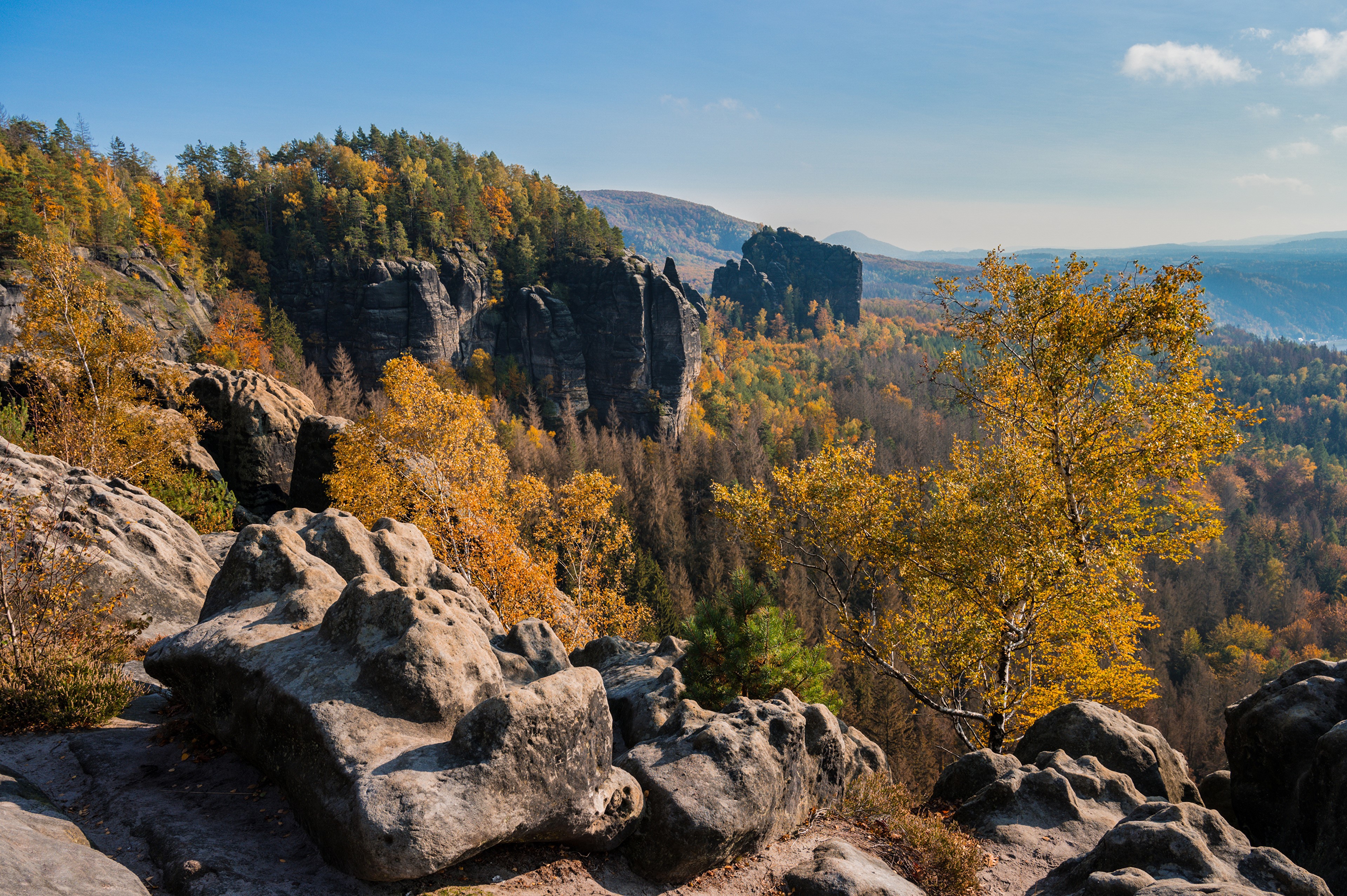 Autumn forest and rock formations in Saxony, Germany HD Wallpaper