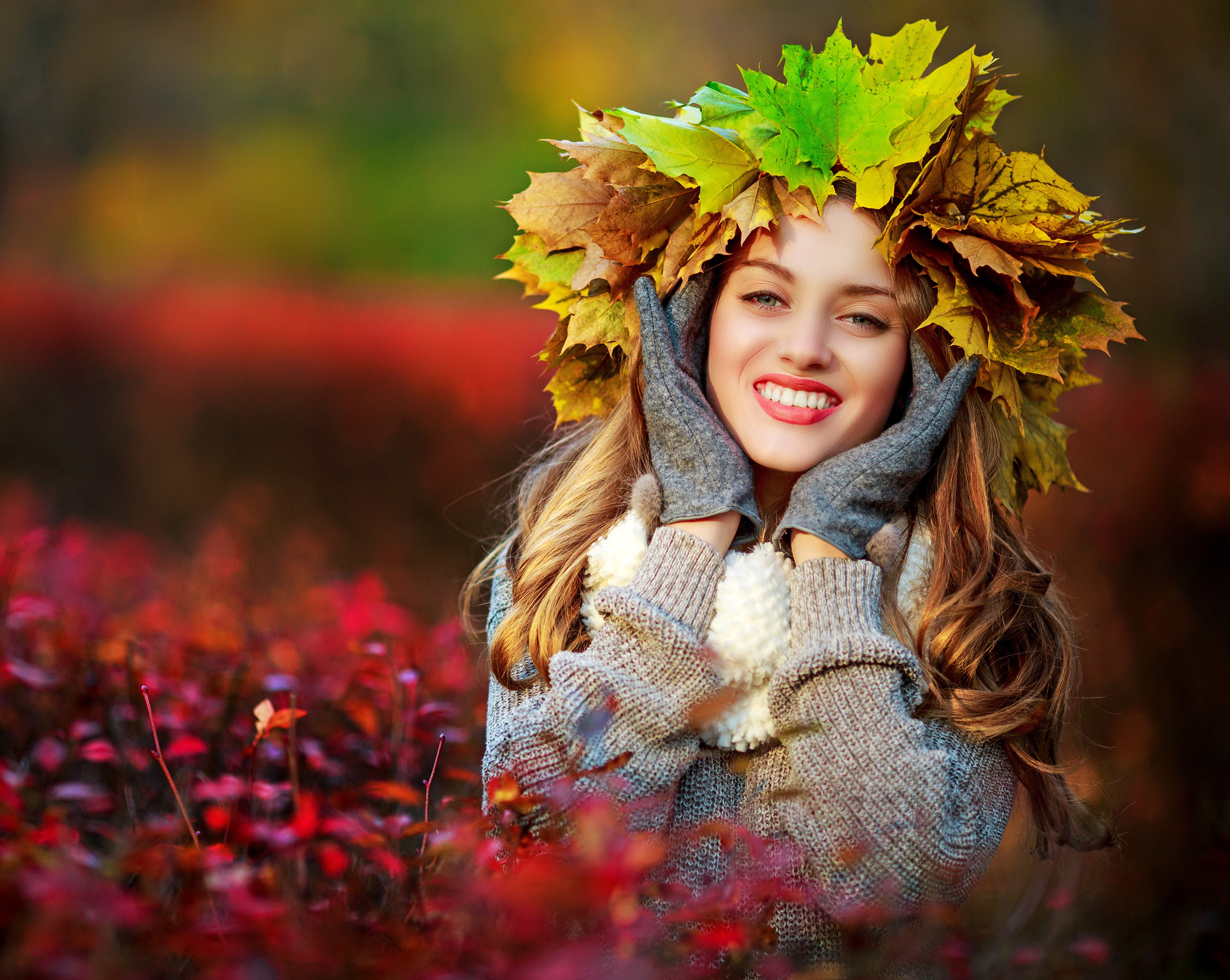 Woman with Autumn Leaf Wreath HD Wallpaper