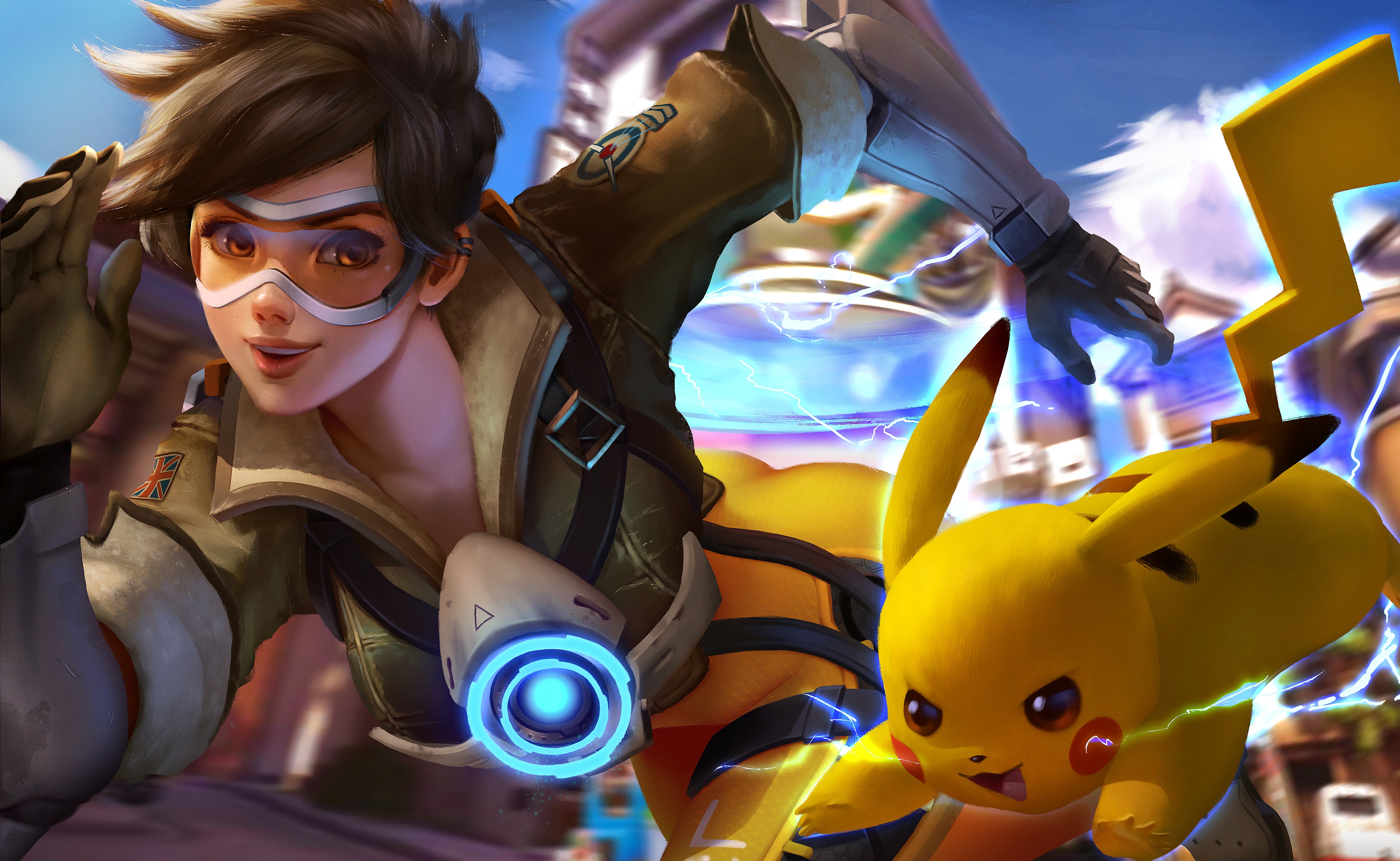 Tracer from Overwatch and Pikachu crossover HD Wallpaper