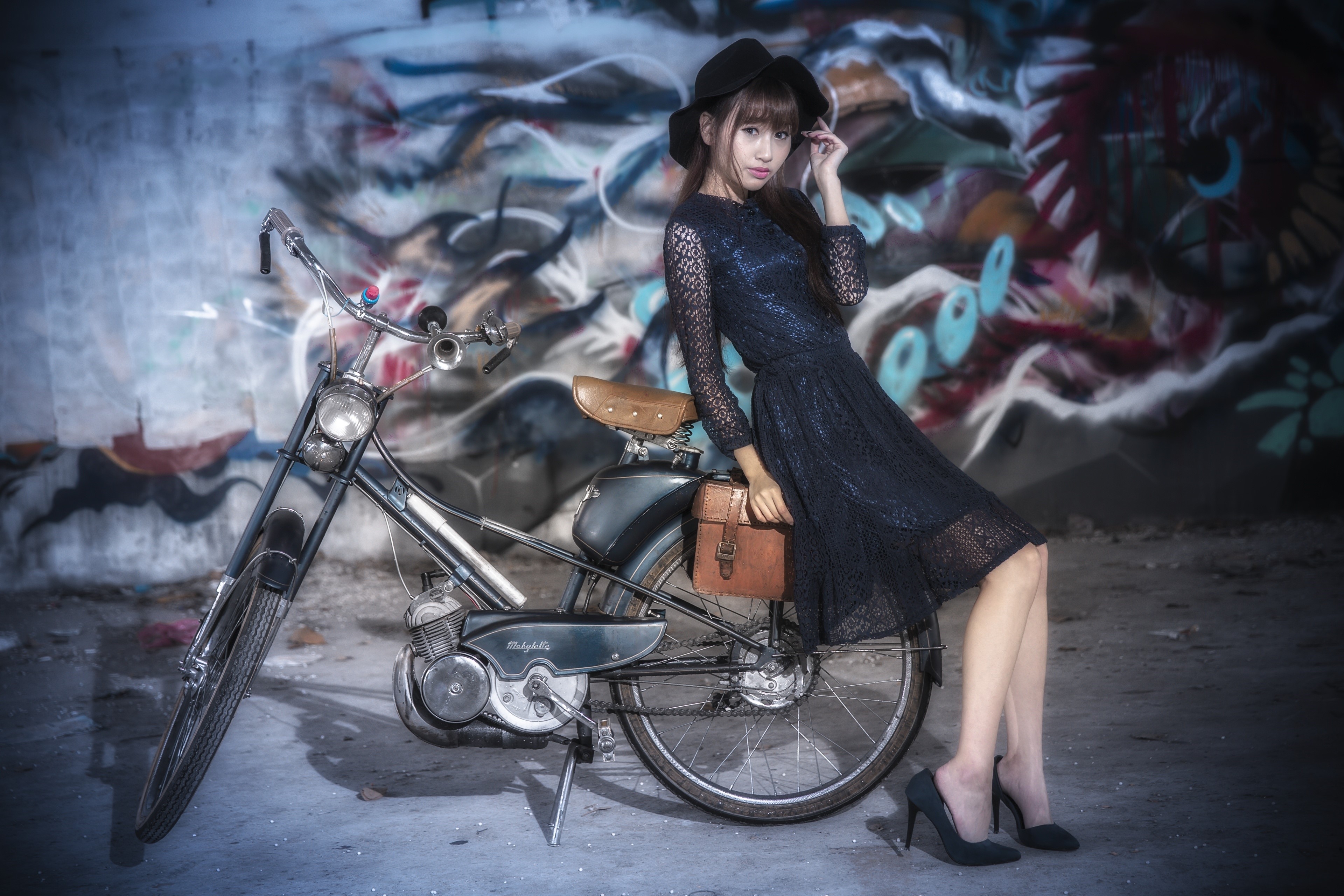 Asian woman in hat and dress with bicycle HD Wallpaper