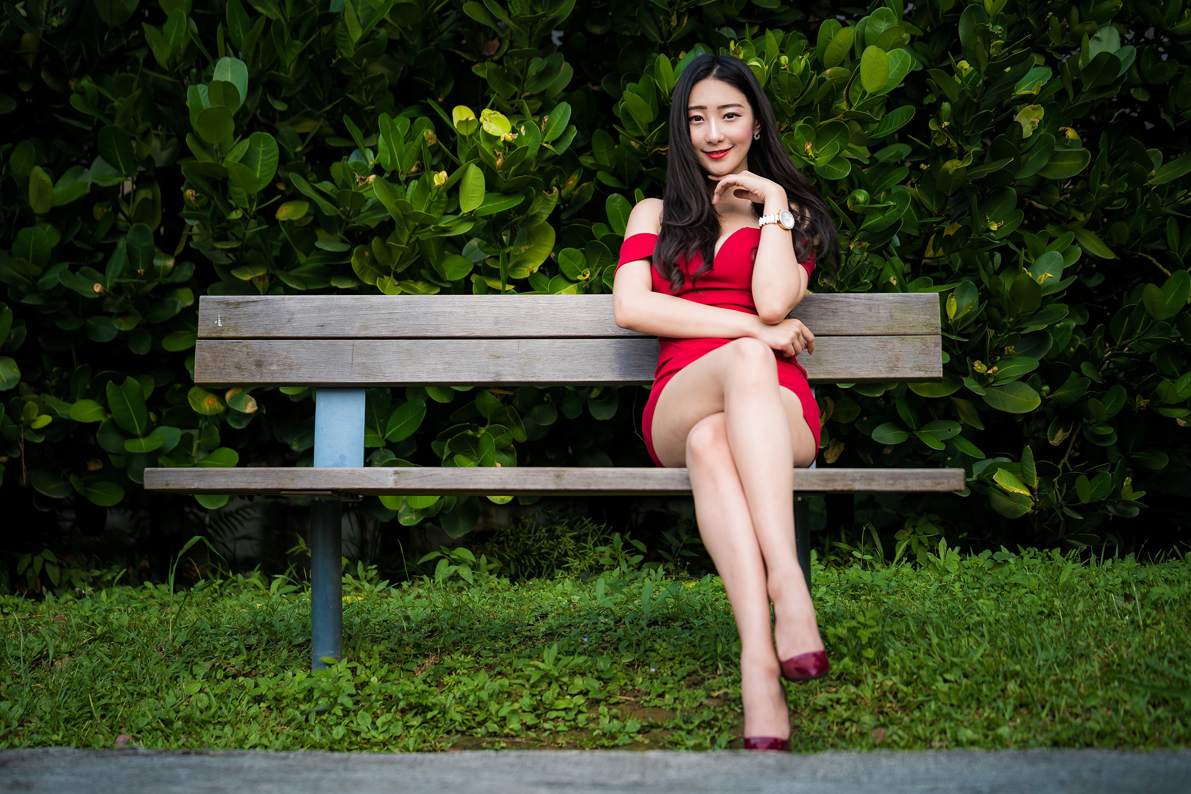 4K Asian Woman Sitting on Bench in Red Dress HD Wallpaper