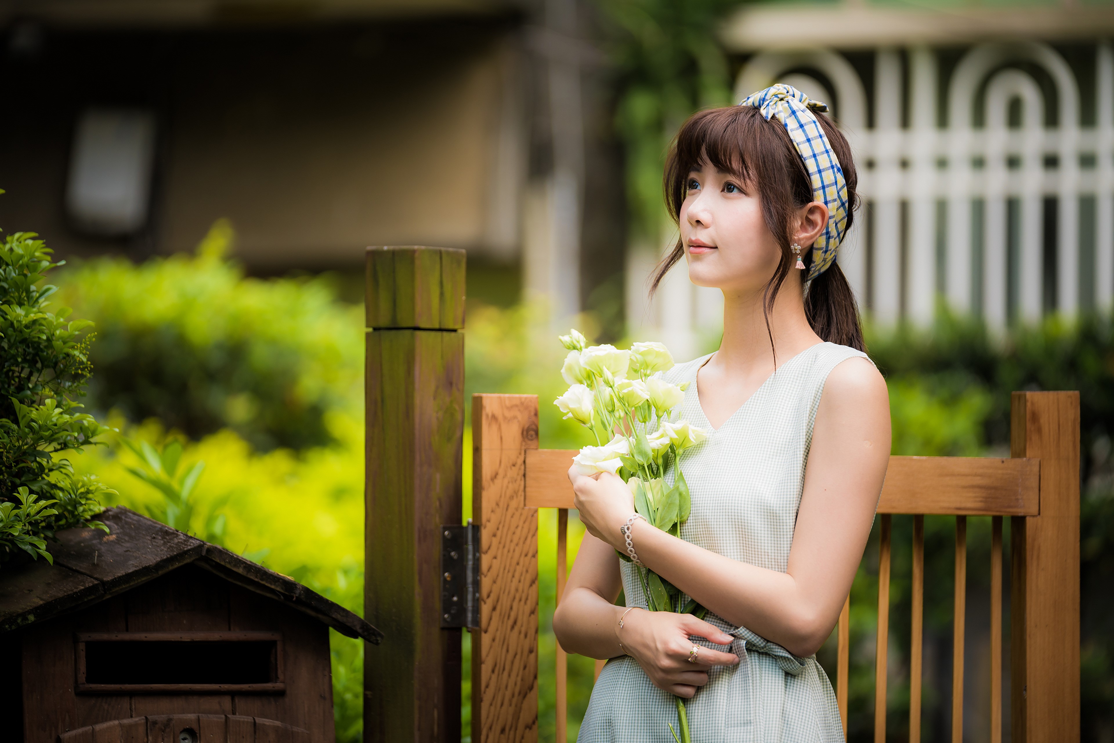 Asian woman with flowers and headband HD Wallpaper