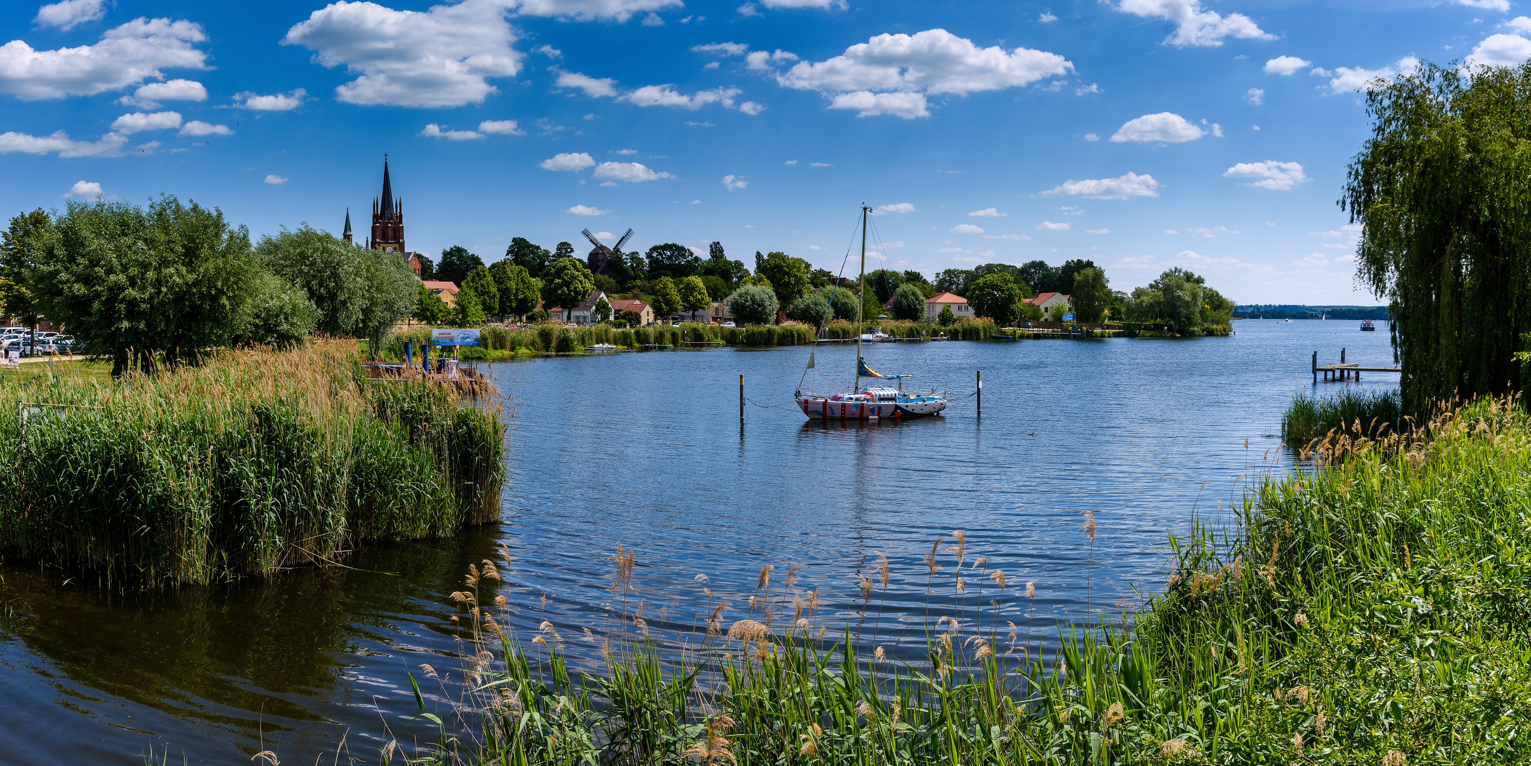 Boats on Havel River near Church in Germany HD Wallpaper