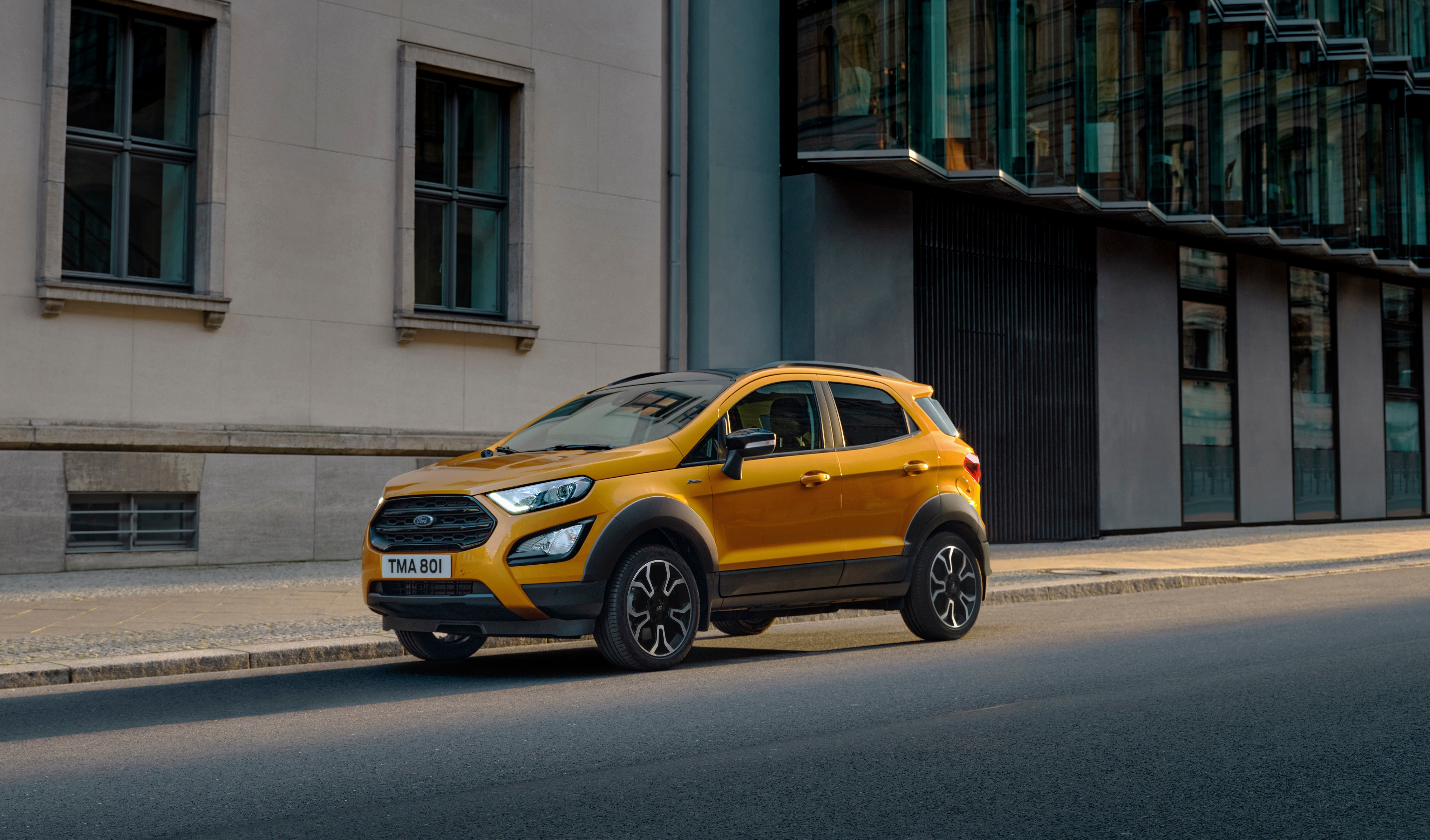 Yellow Ford EcoSport Active Crossover parked on street HD Wallpaper