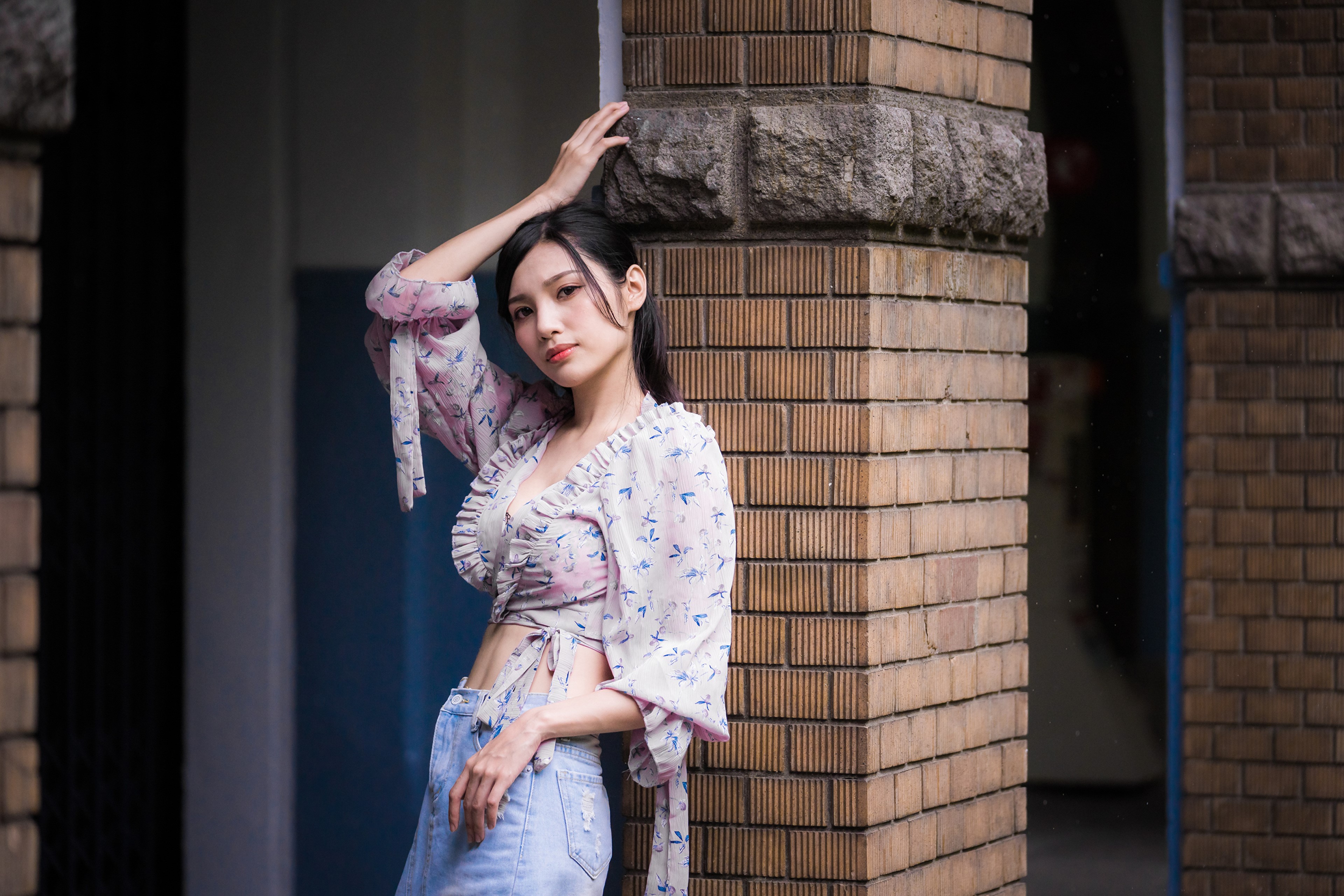 4K Asian Woman in Floral Blouse Pose HD Wallpaper