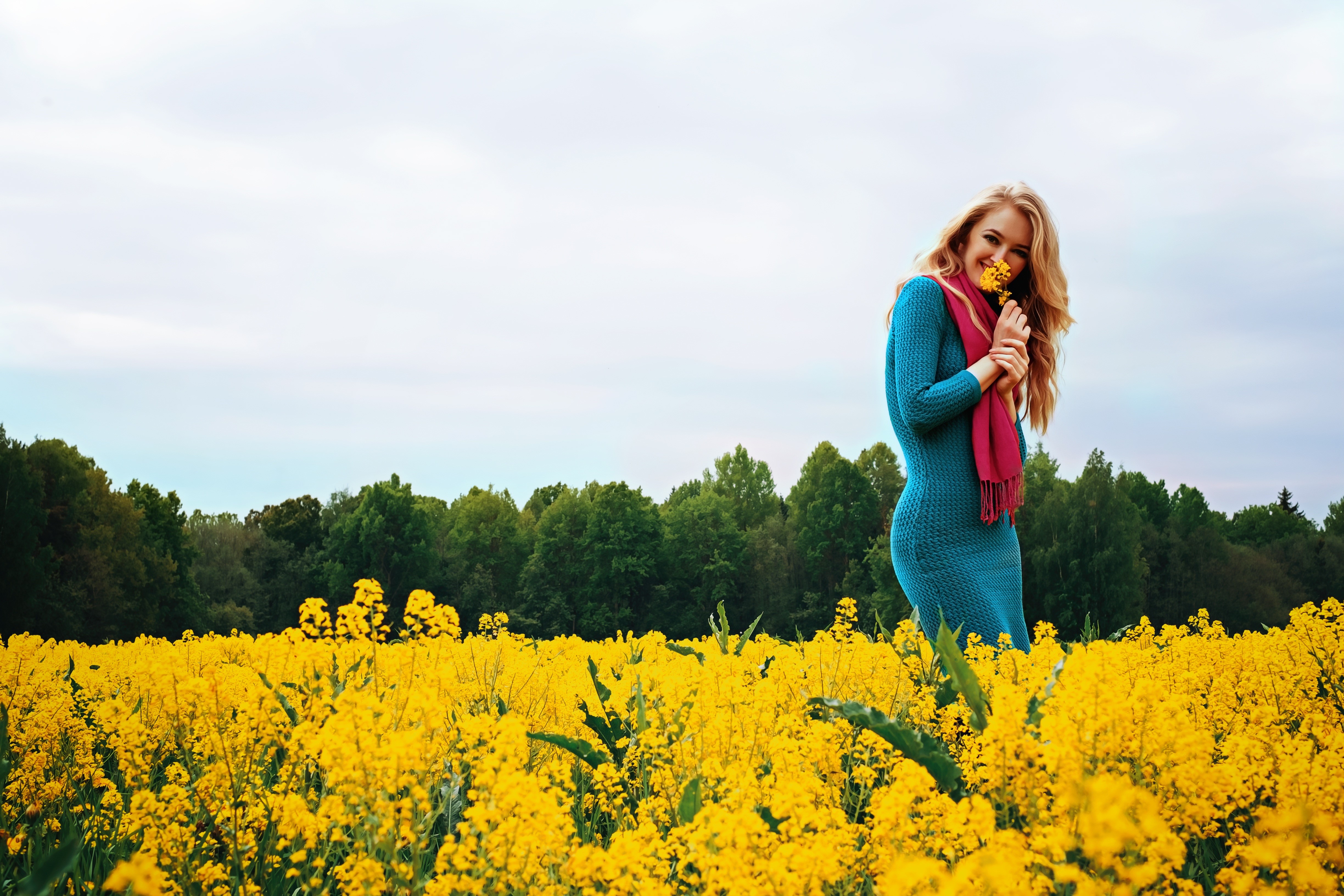 Blonde girl in a field of yellow flowers HD Wallpaper