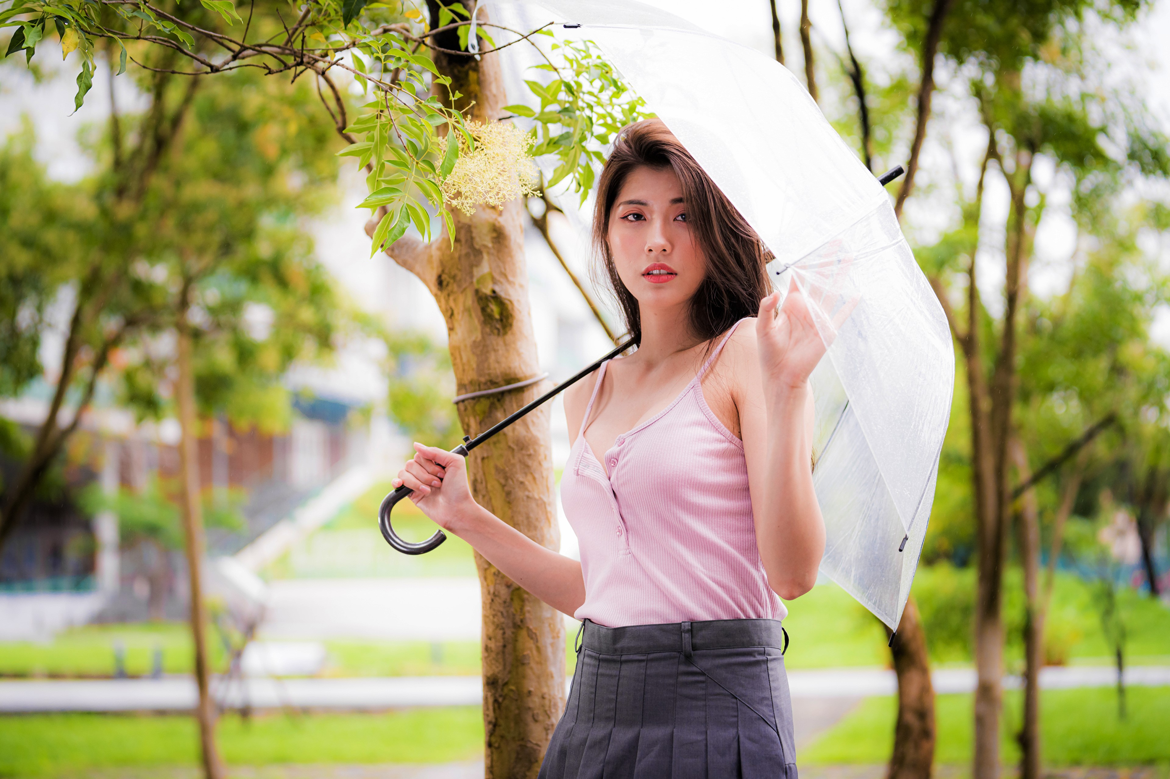 4K Asian Woman with Umbrella and Singlet HD Wallpaper