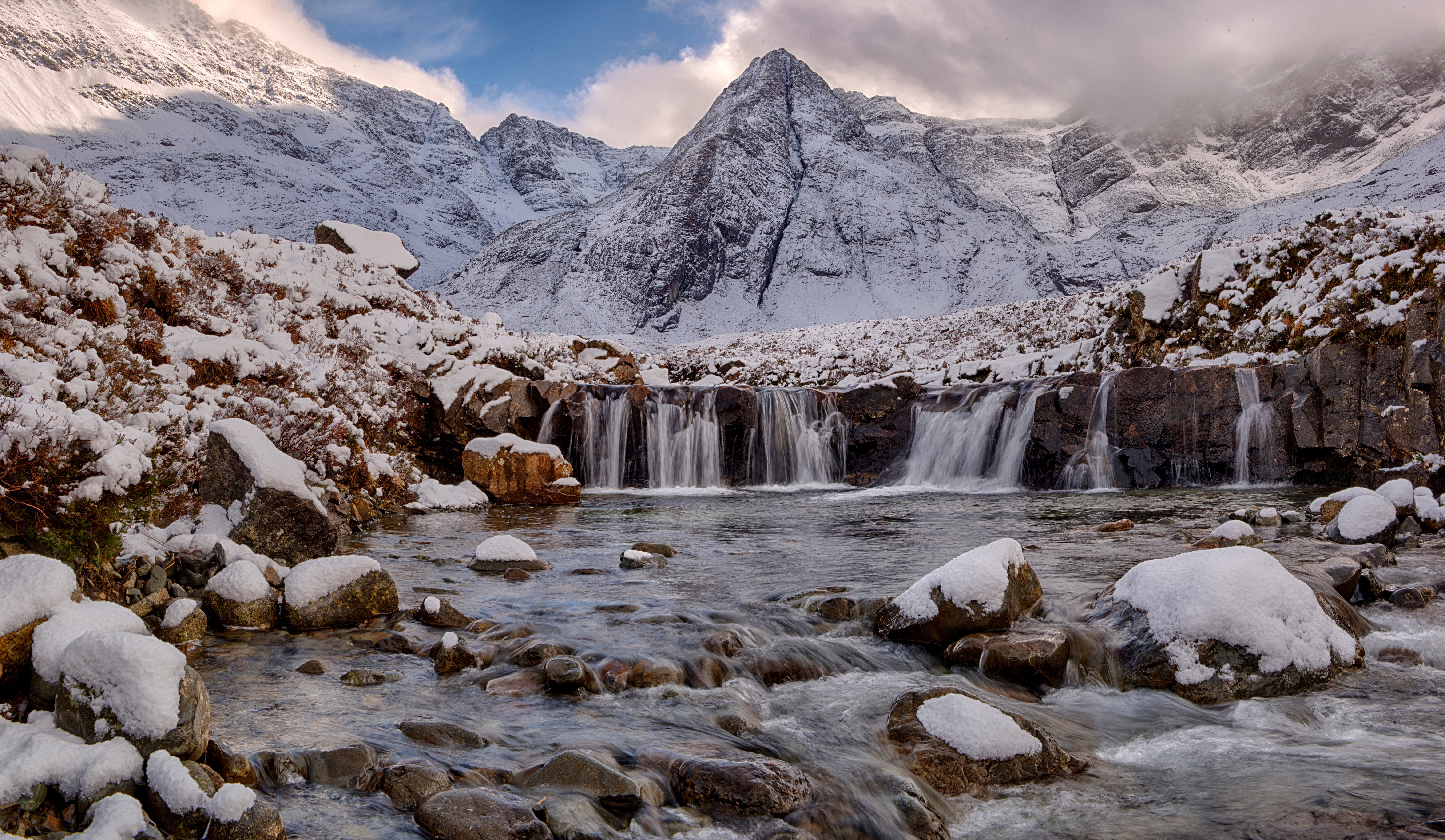 Snow-Covered Mountains and Waterfalls in Isle of Skye 4K HD Wallpaper