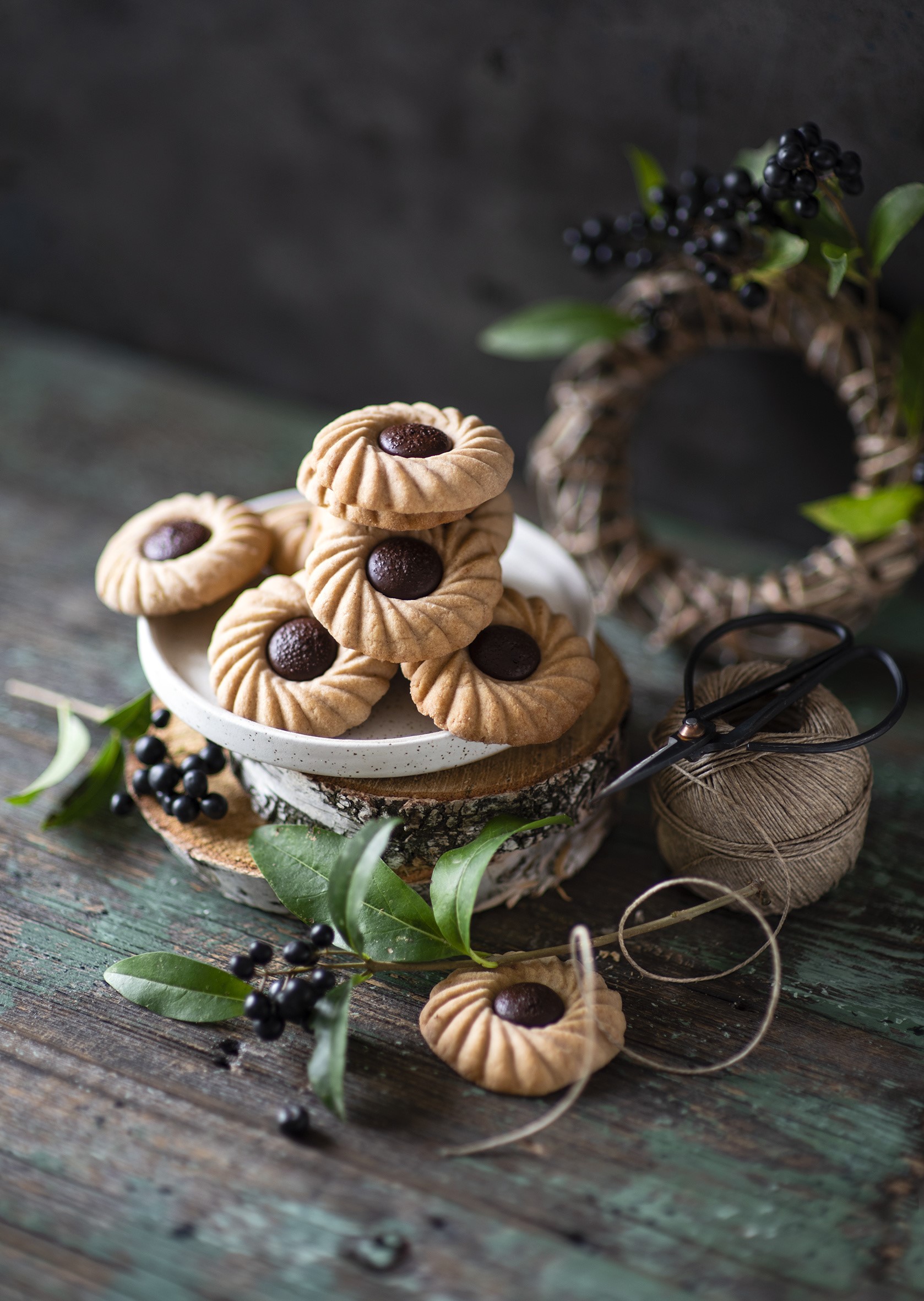 Cookies with chocolate centers on a wooden table HD Phone Wallpaper