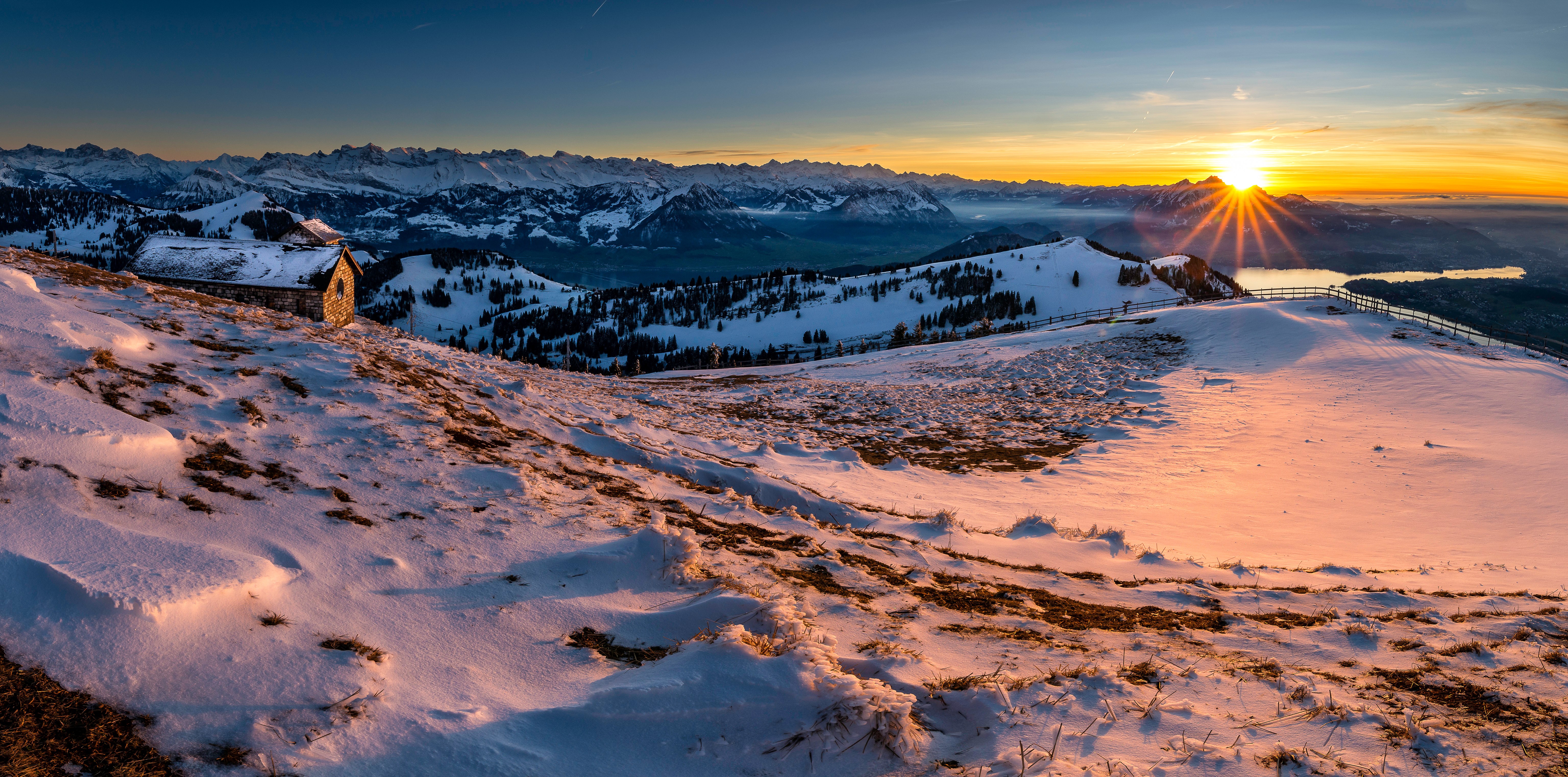 Sunrise over snowy Rigi Kulm, Switzerland Alps HD Wallpaper