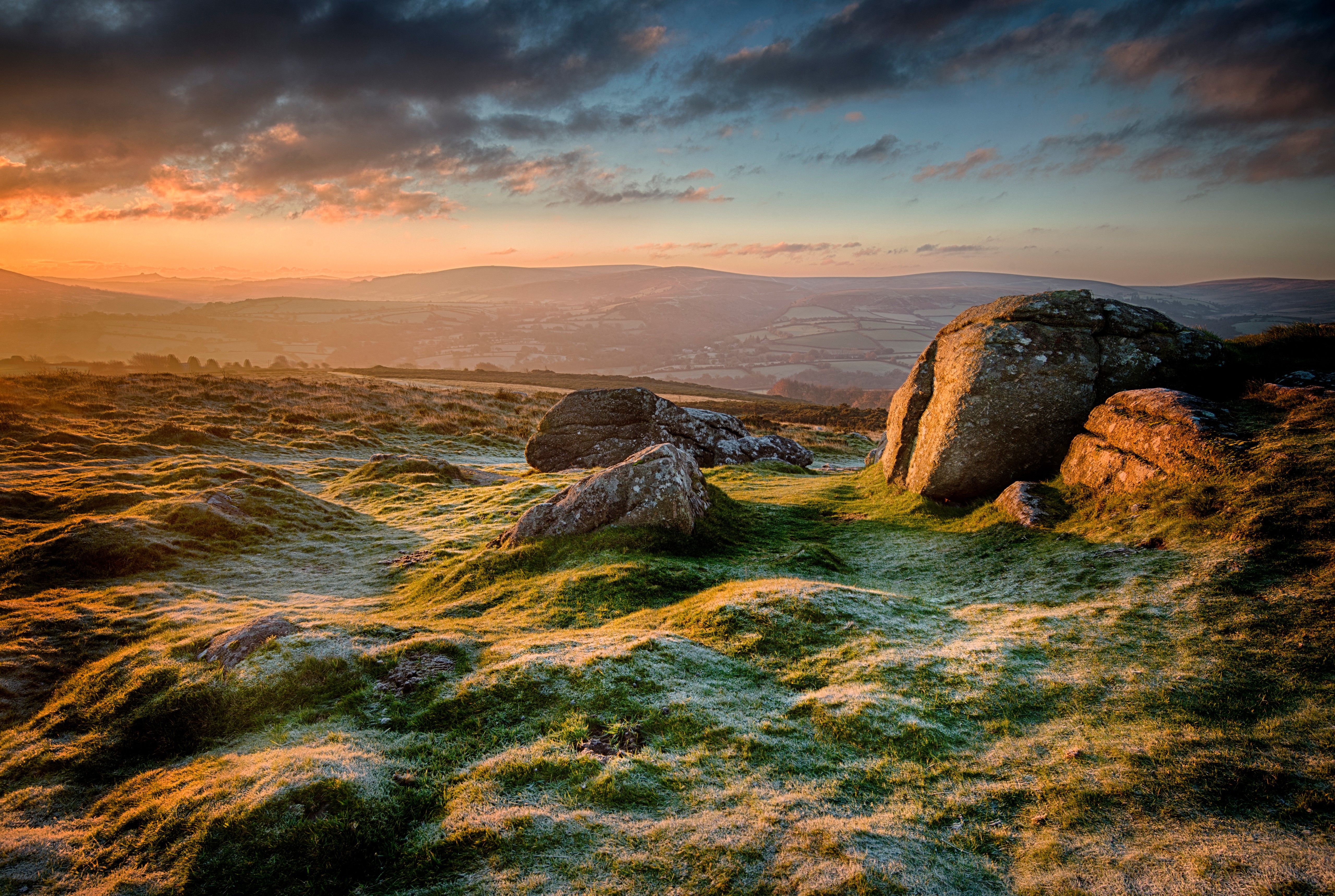 Frosty Morning Hillside with Boulders in England HD Wallpaper