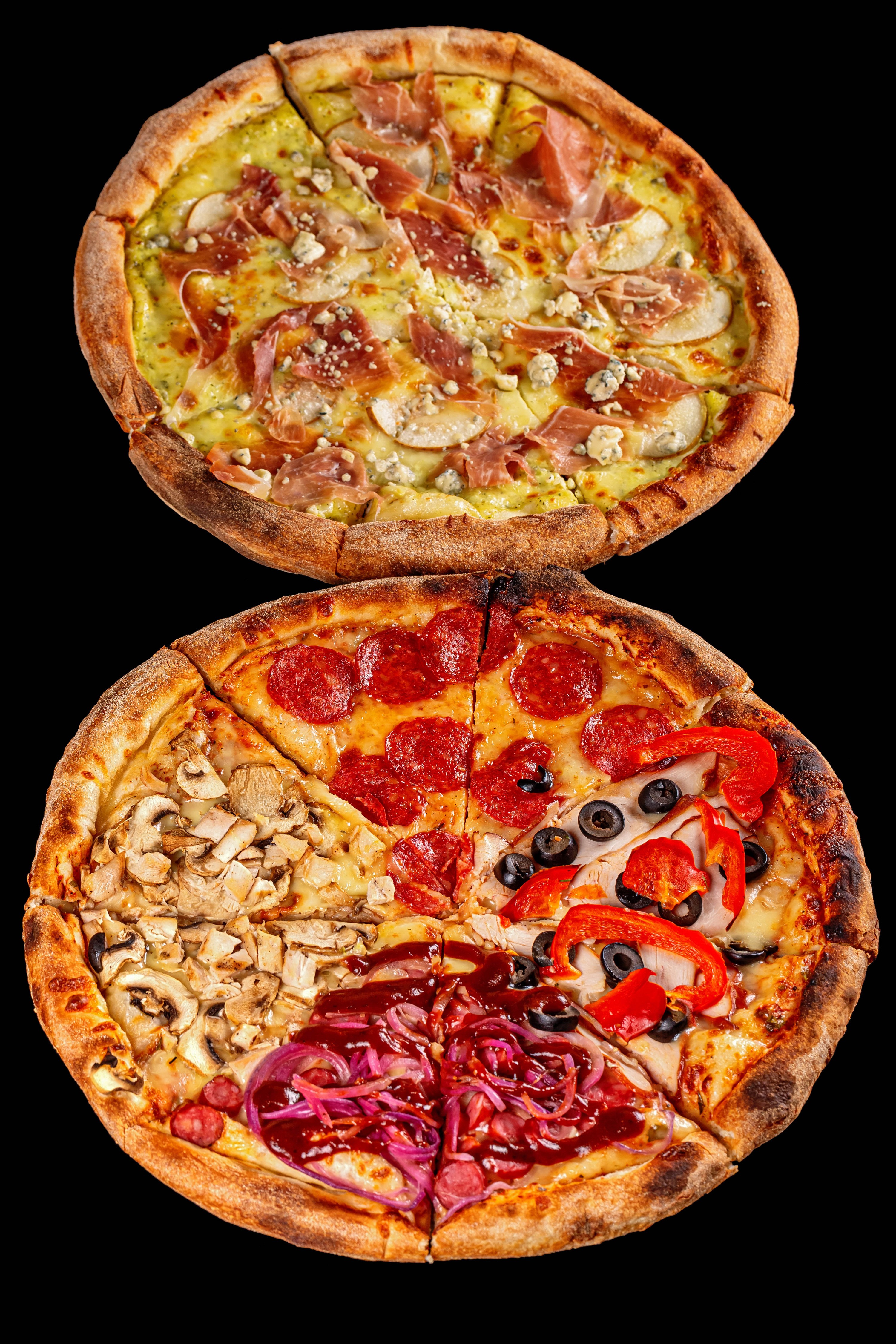 Two pizzas with various toppings on a black background HD Phone Wallpaper