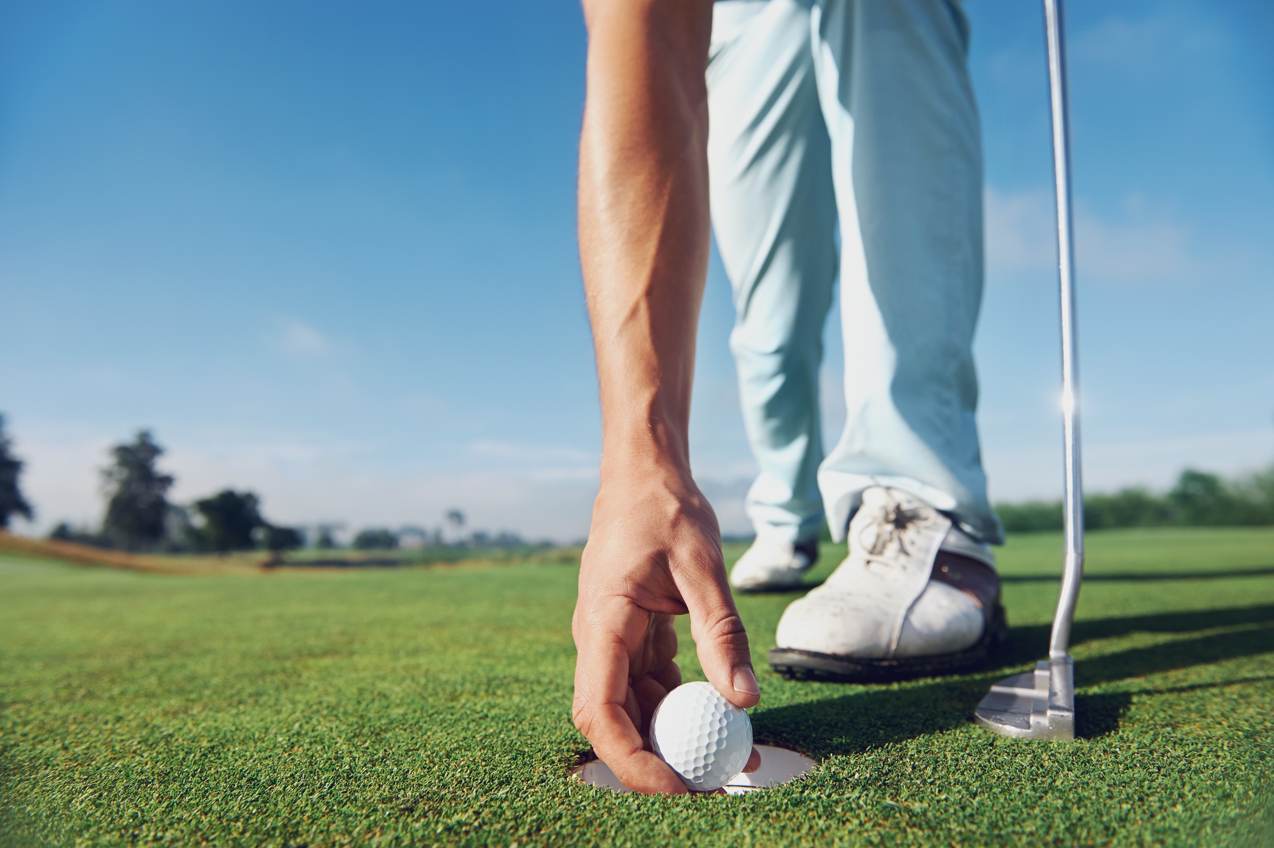 Golf ball being placed in hole on green HD Wallpaper