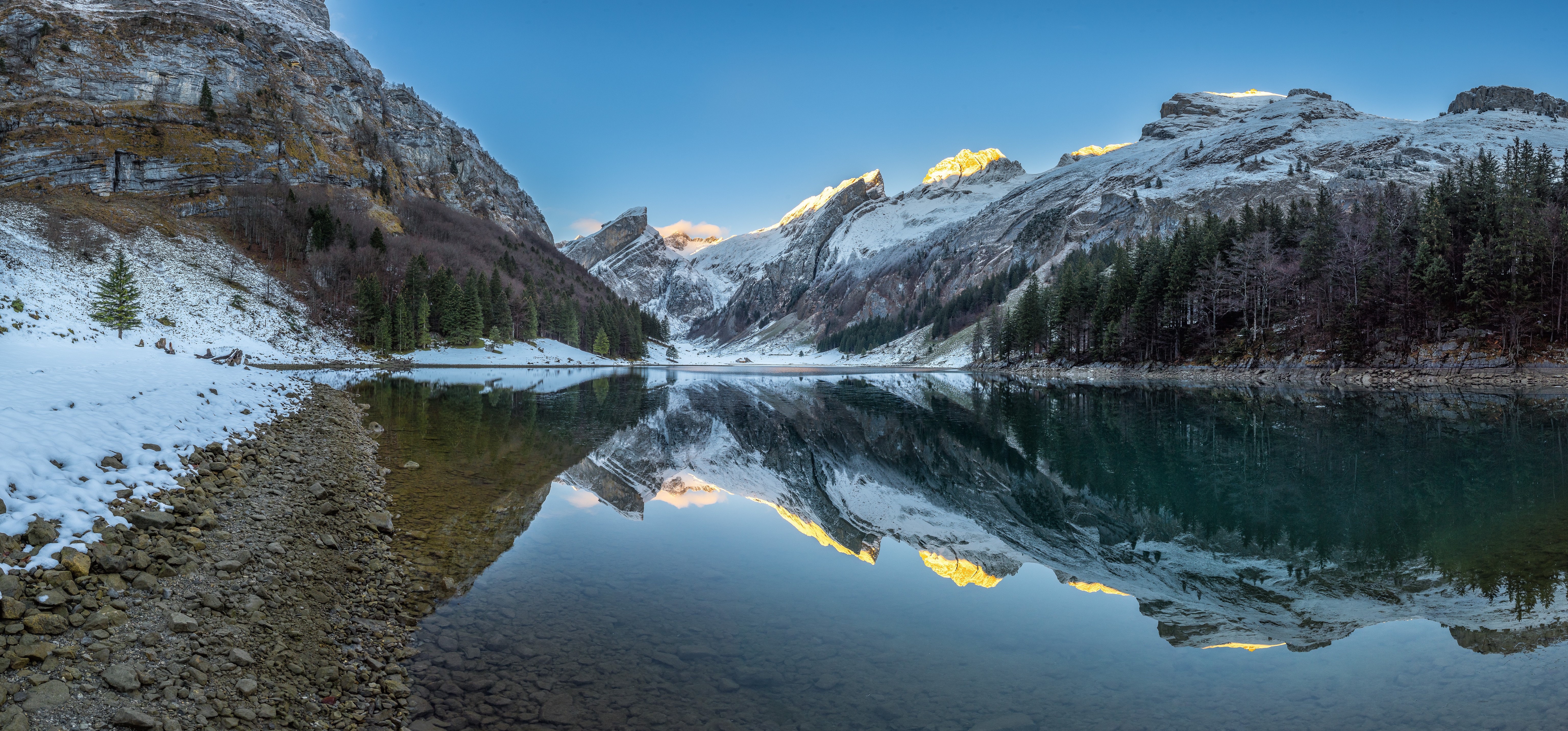 Seealpsee, Switzerland: Snow-Capped Alps Reflected in Lake Panorama HD Wallpaper