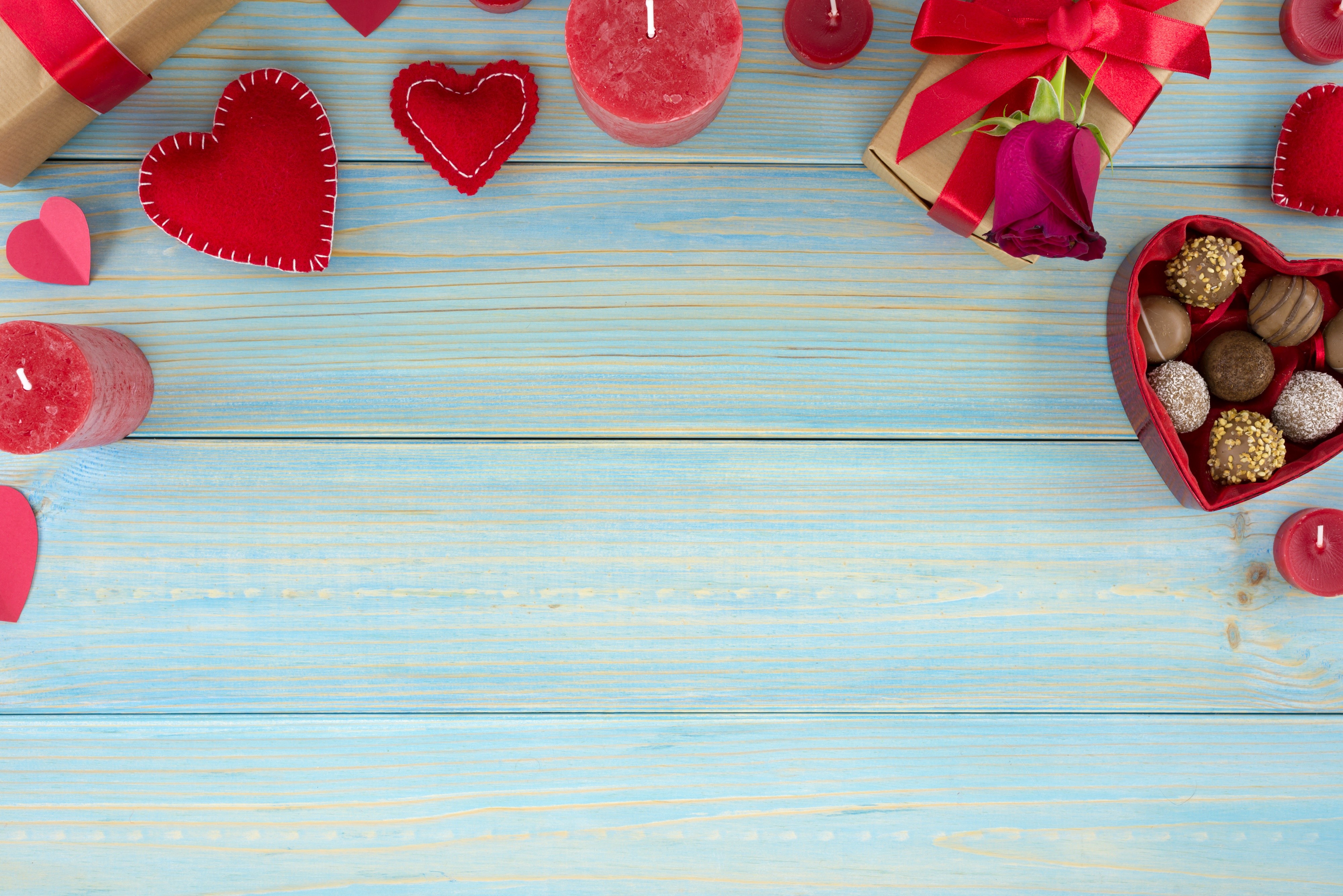 Valentine's Day Heart Candies and Gifts on Wood HD Wallpaper