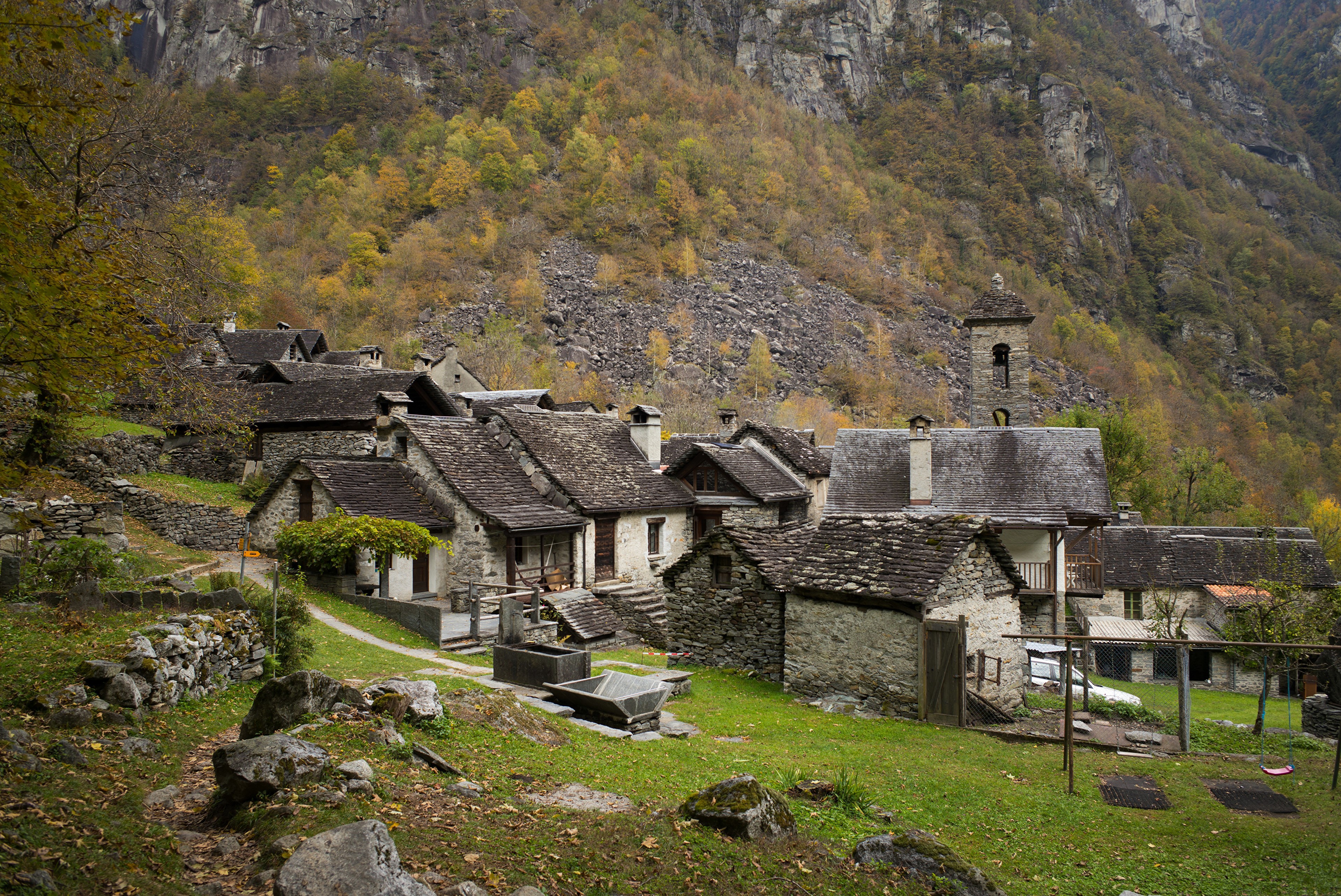 Stone houses in Bavona Valley, Switzerland during Autumn HD Wallpaper