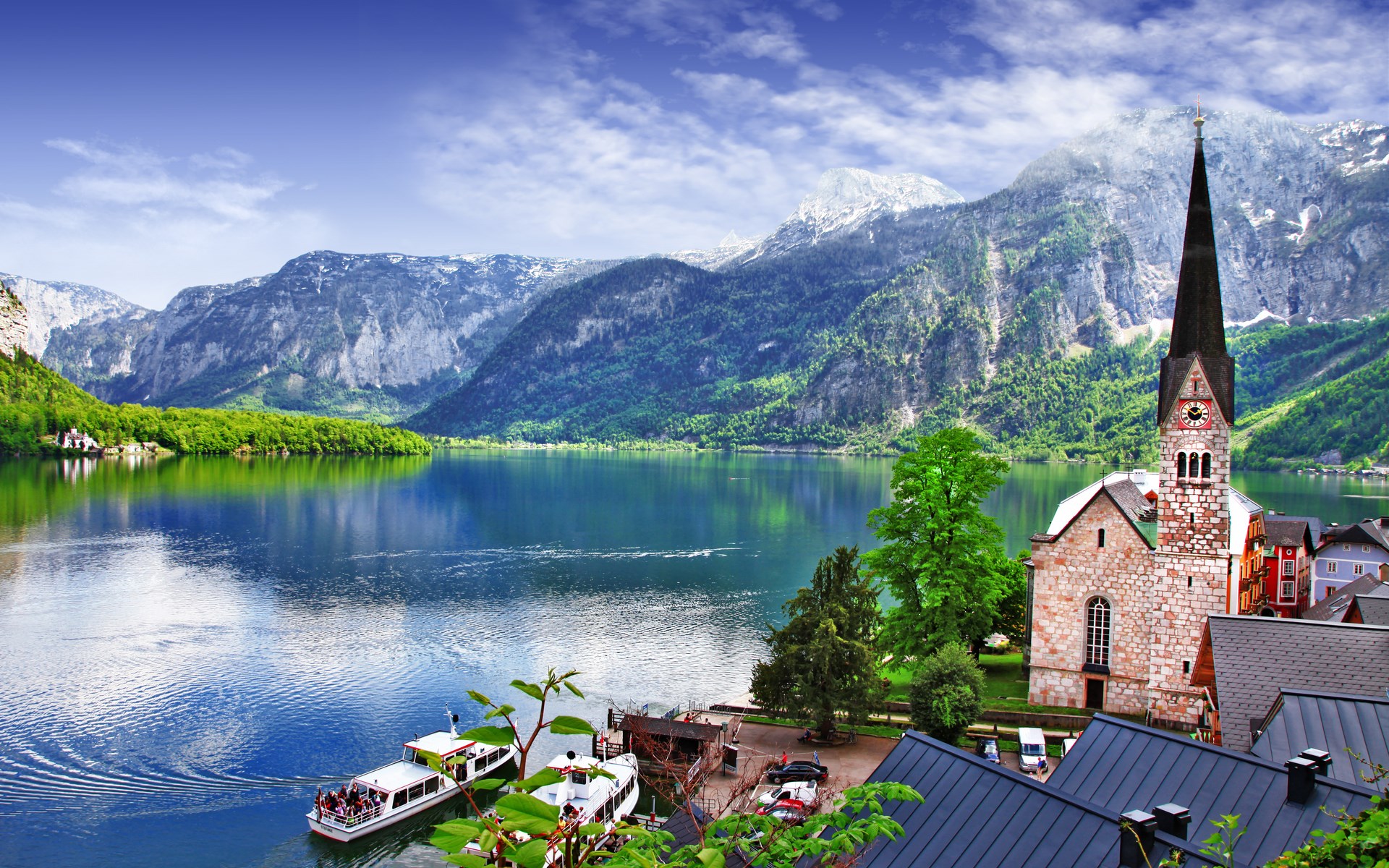 Hallstatt, Austria with church and lake HD Wallpaper