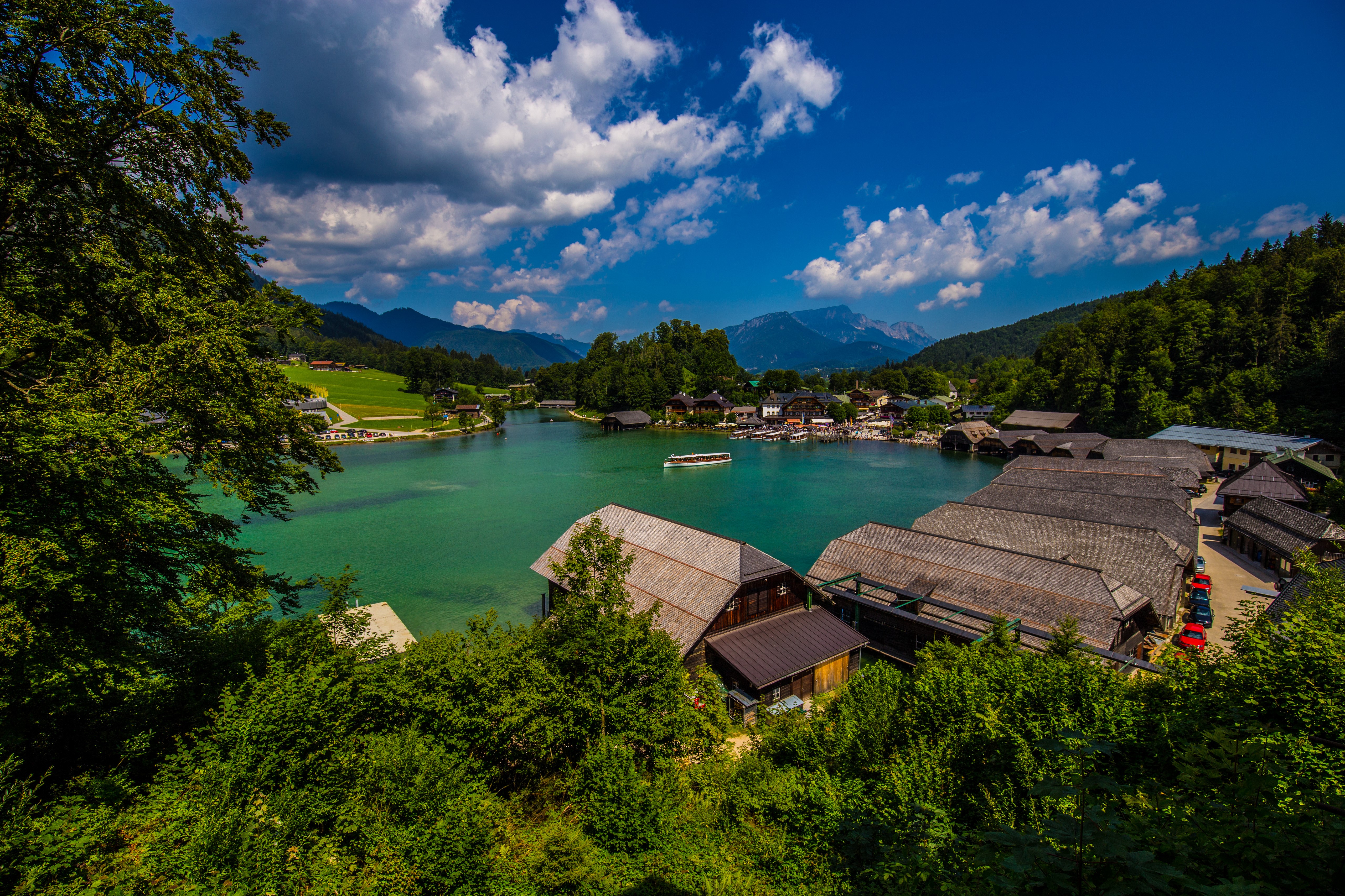 Germany Mountains Lake Houses Sky Clouds HD Wallpaper