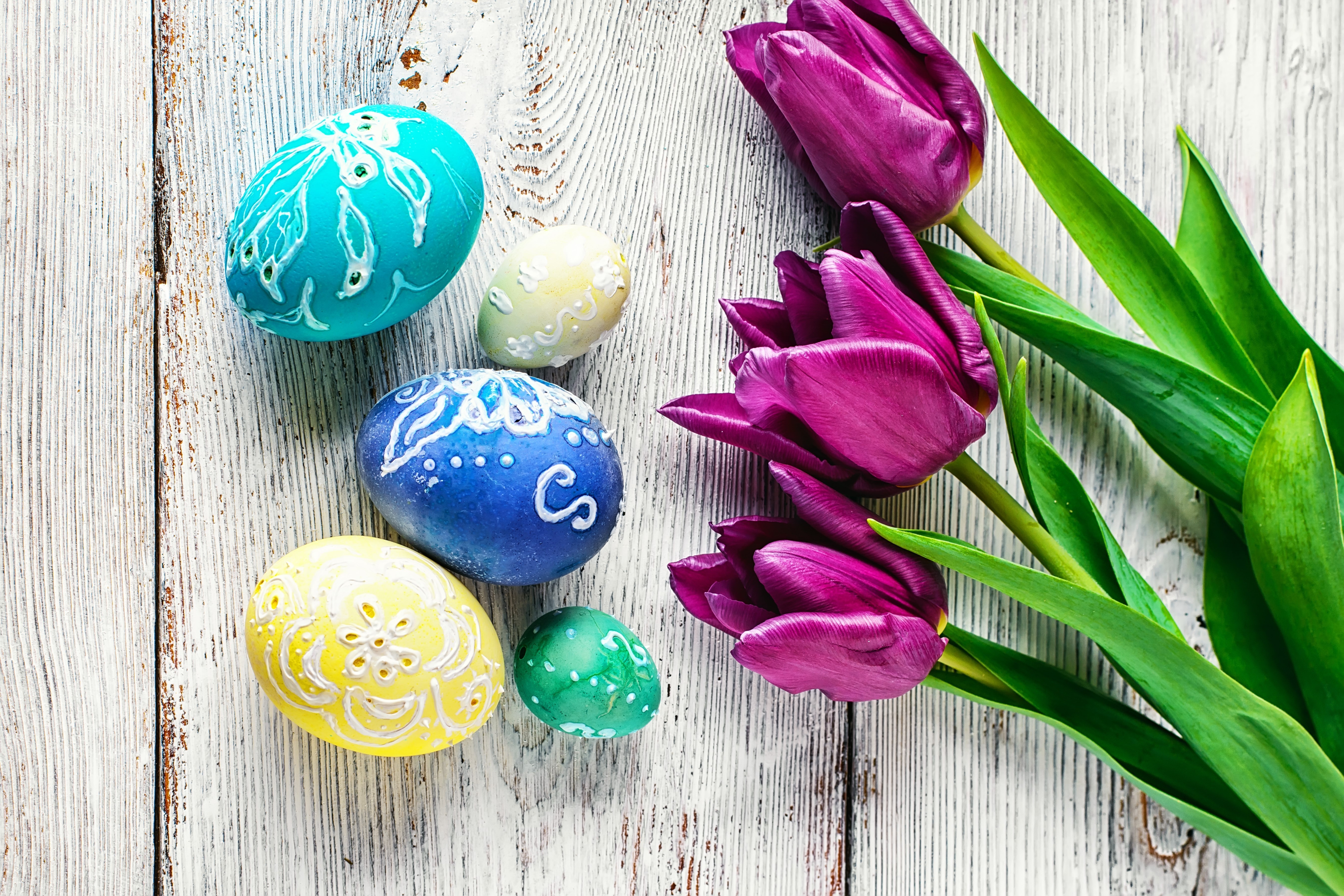 Easter Eggs and Purple Tulips on Wooden Surface HD Wallpaper