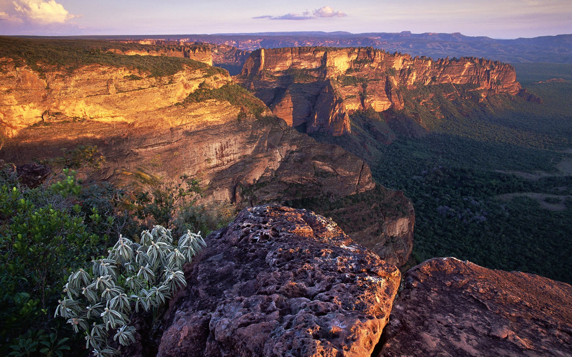 Canyon landscape at sunset with rock formations HD Wallpaper
