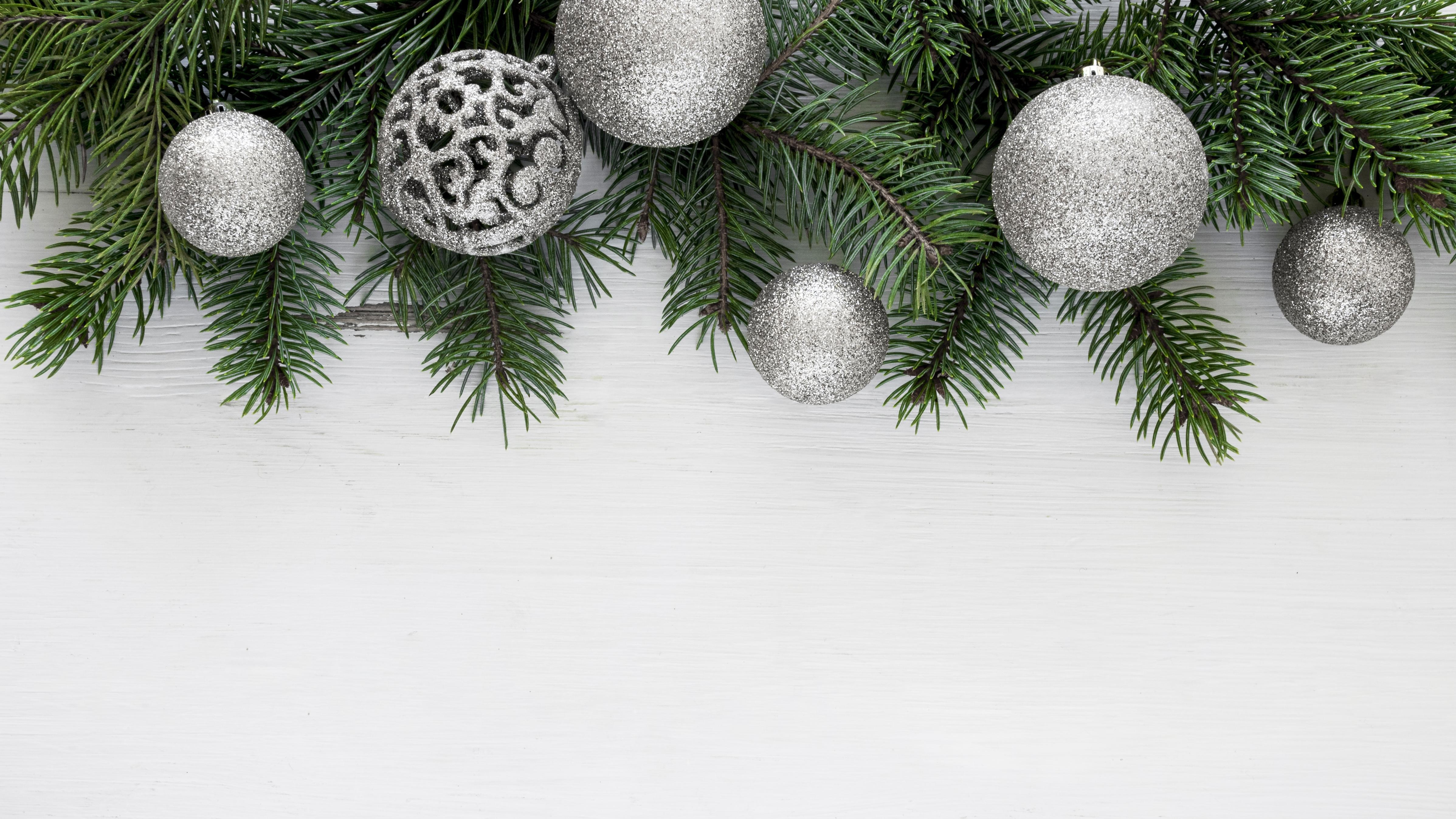 Christmas branches with silver ornaments HD Wallpaper