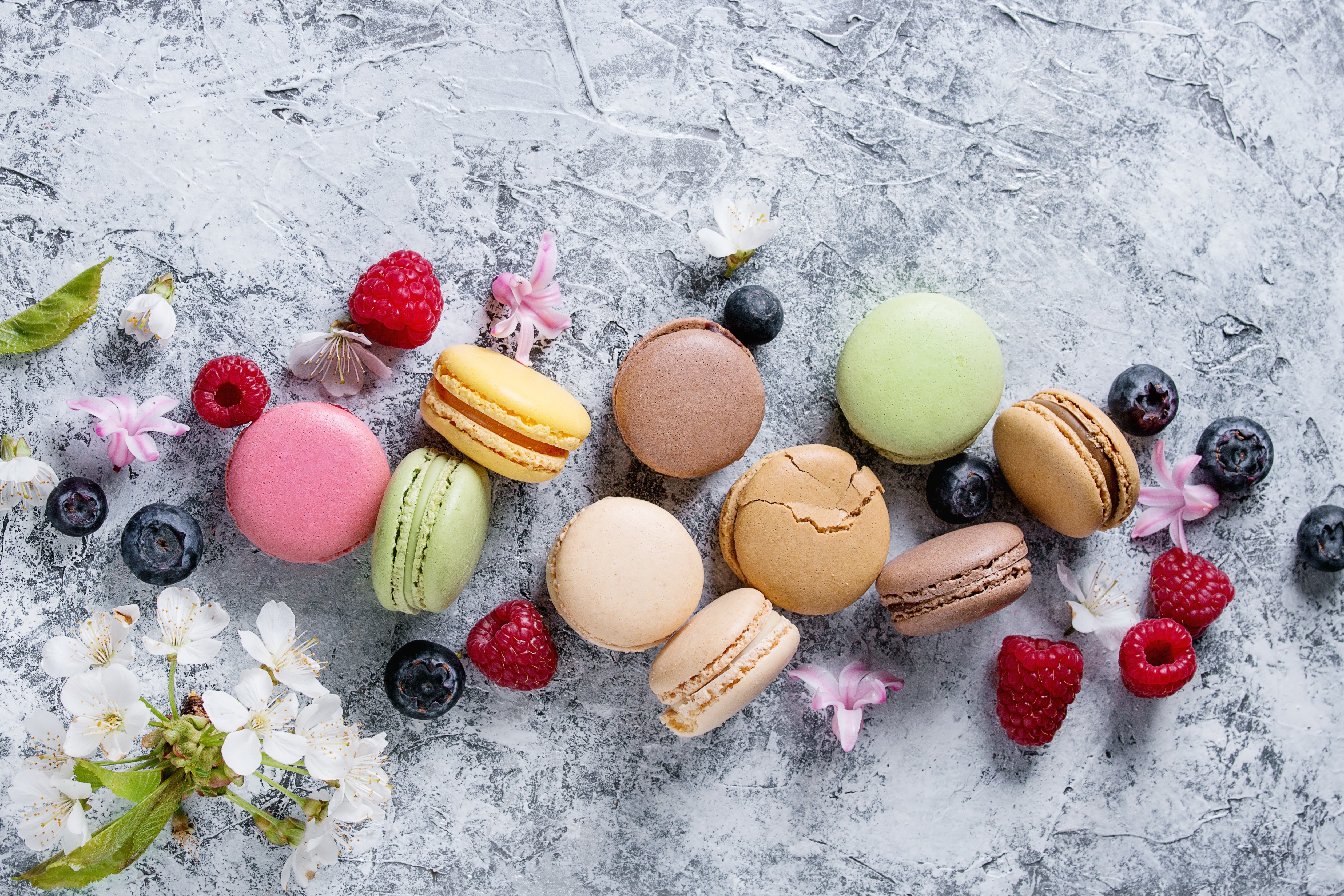 Assortment of Macarons with Berries and Flowers HD Wallpaper