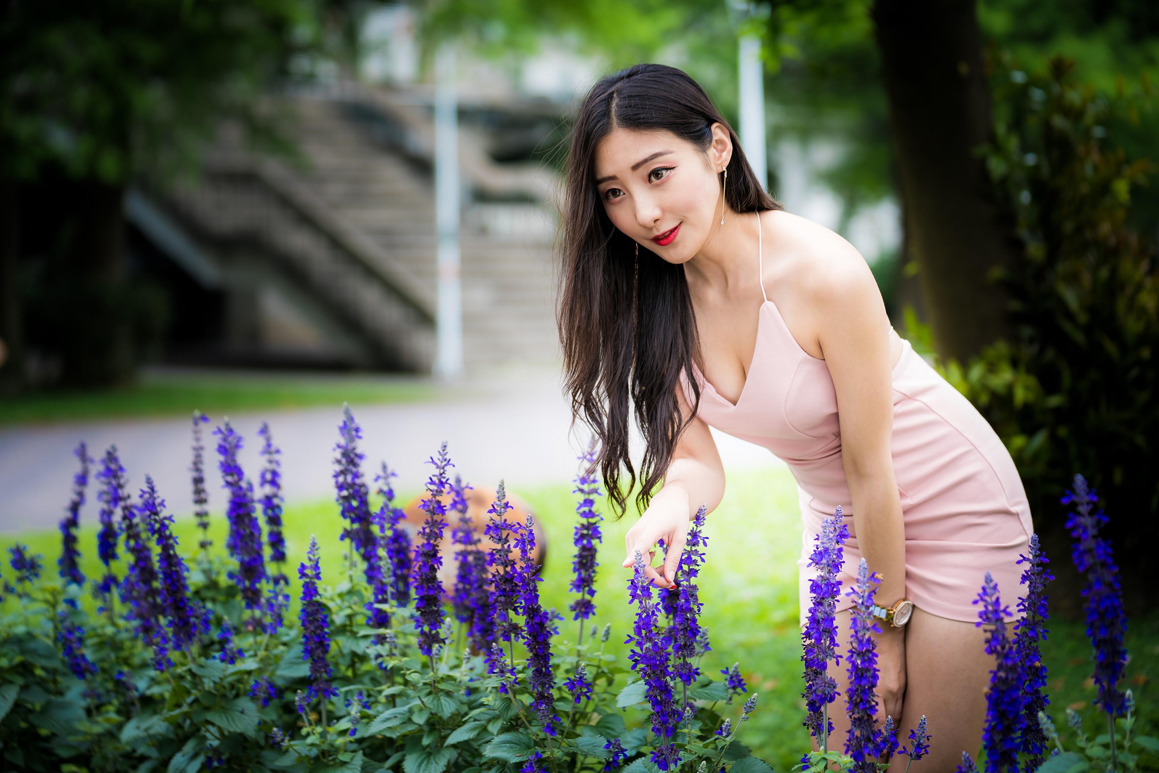 Asian woman in pink dress among purple flowers HD Wallpaper