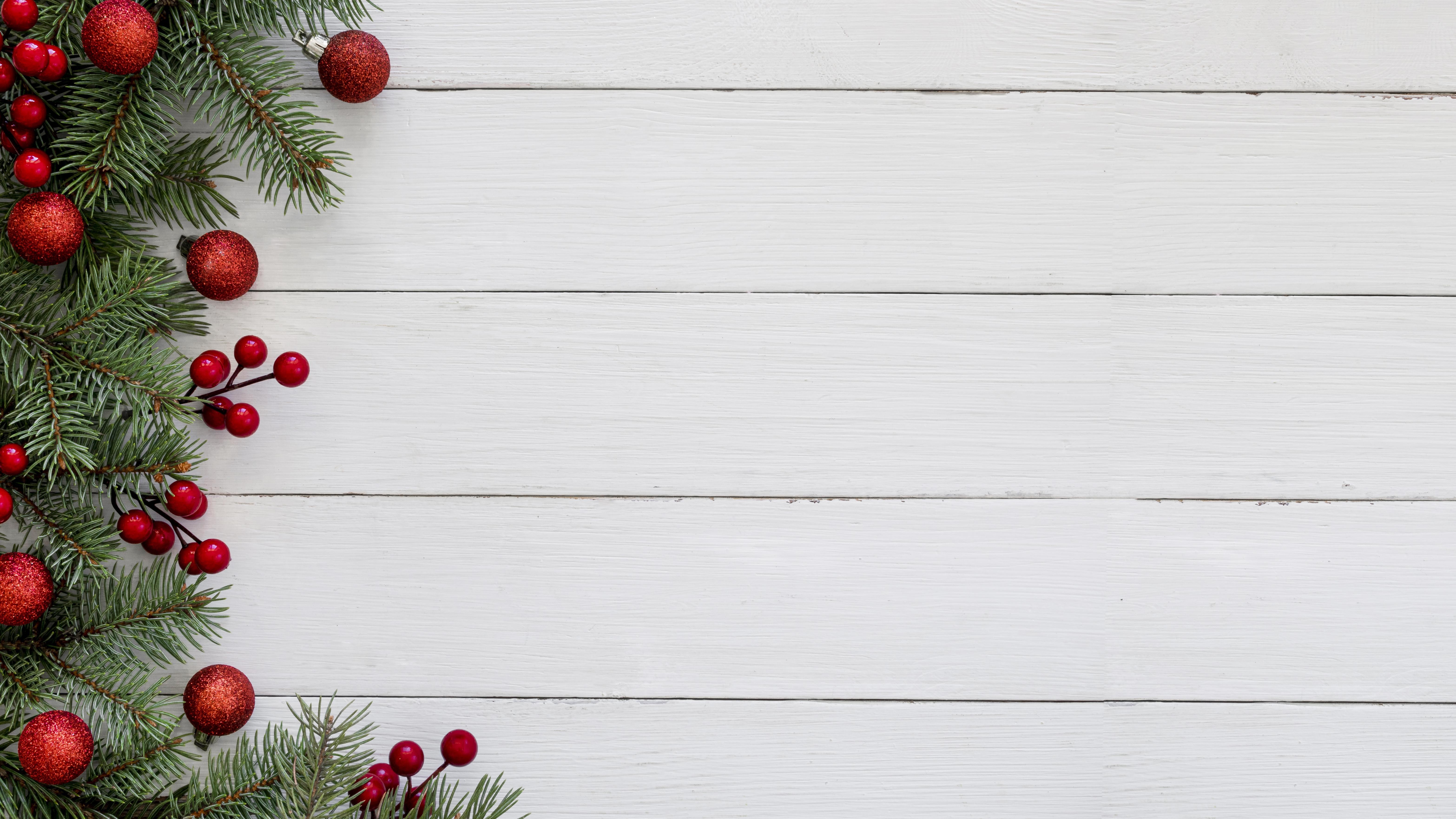 Christmas Branches with Red Ornaments on Wood Planks HD Wallpaper