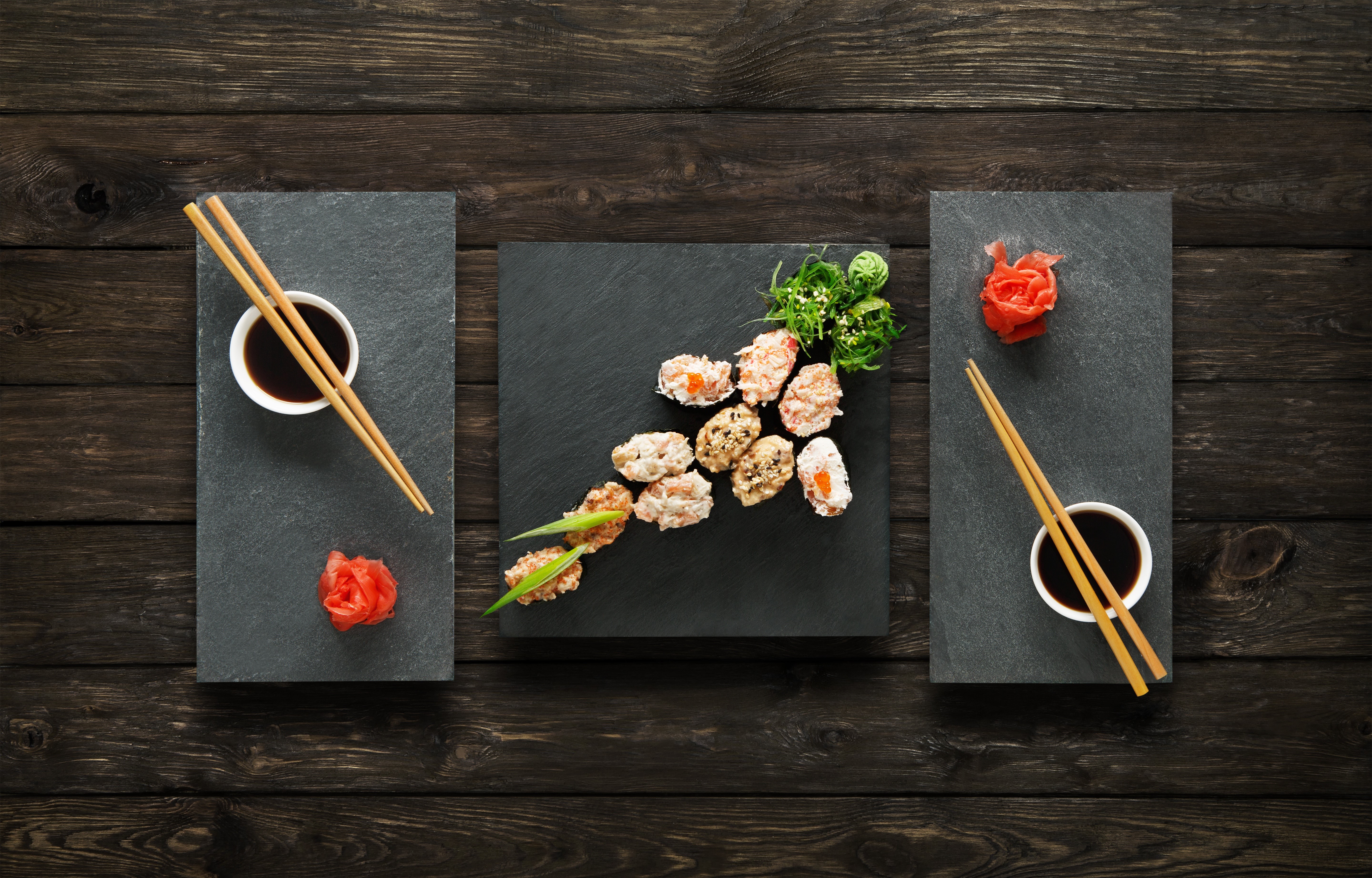 Sushi with Ginger, Chopsticks, and Soy Sauce HD Wallpaper
