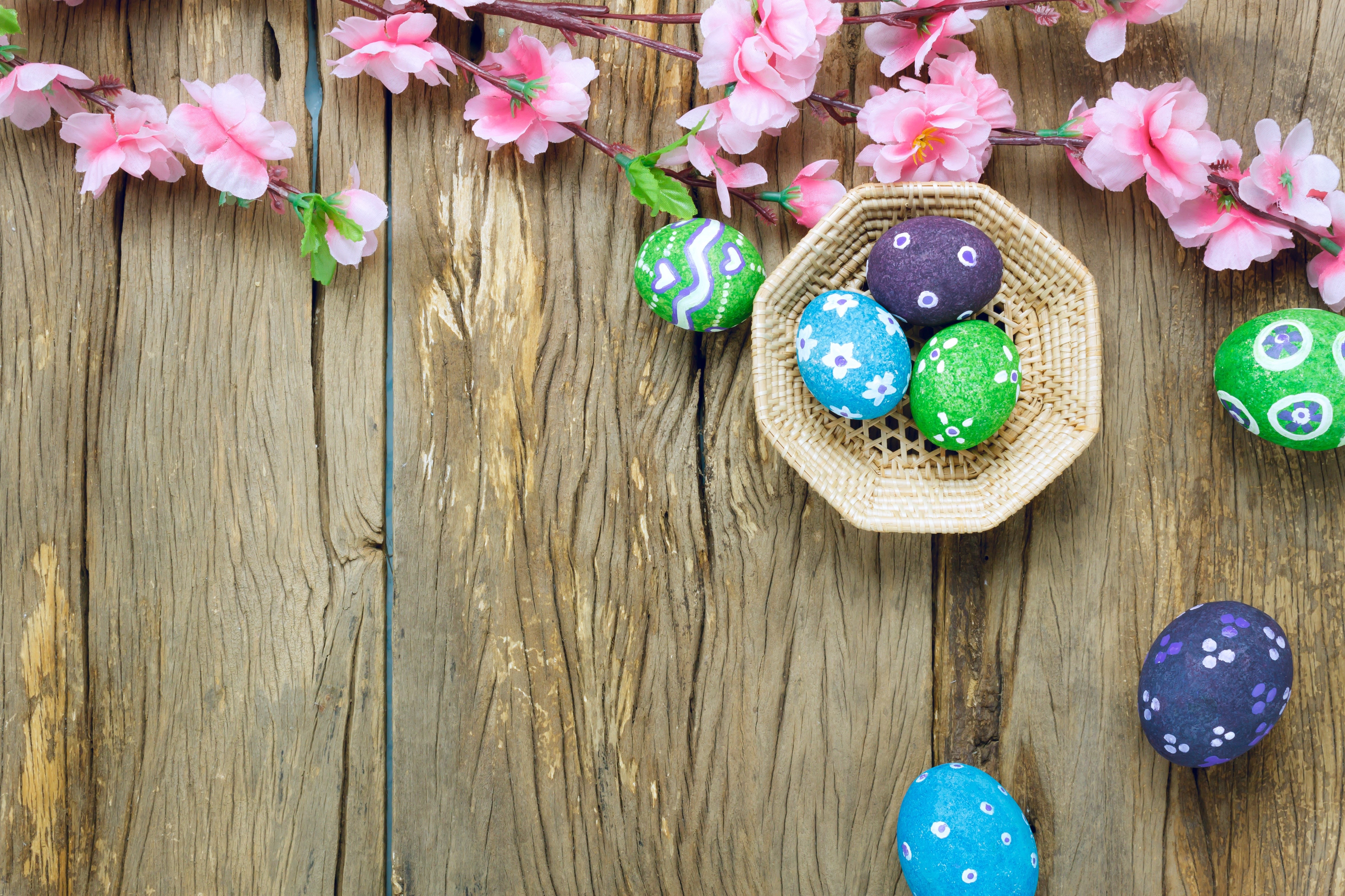 Easter Eggs and Pink Flowers on Wood Planks HD Wallpaper