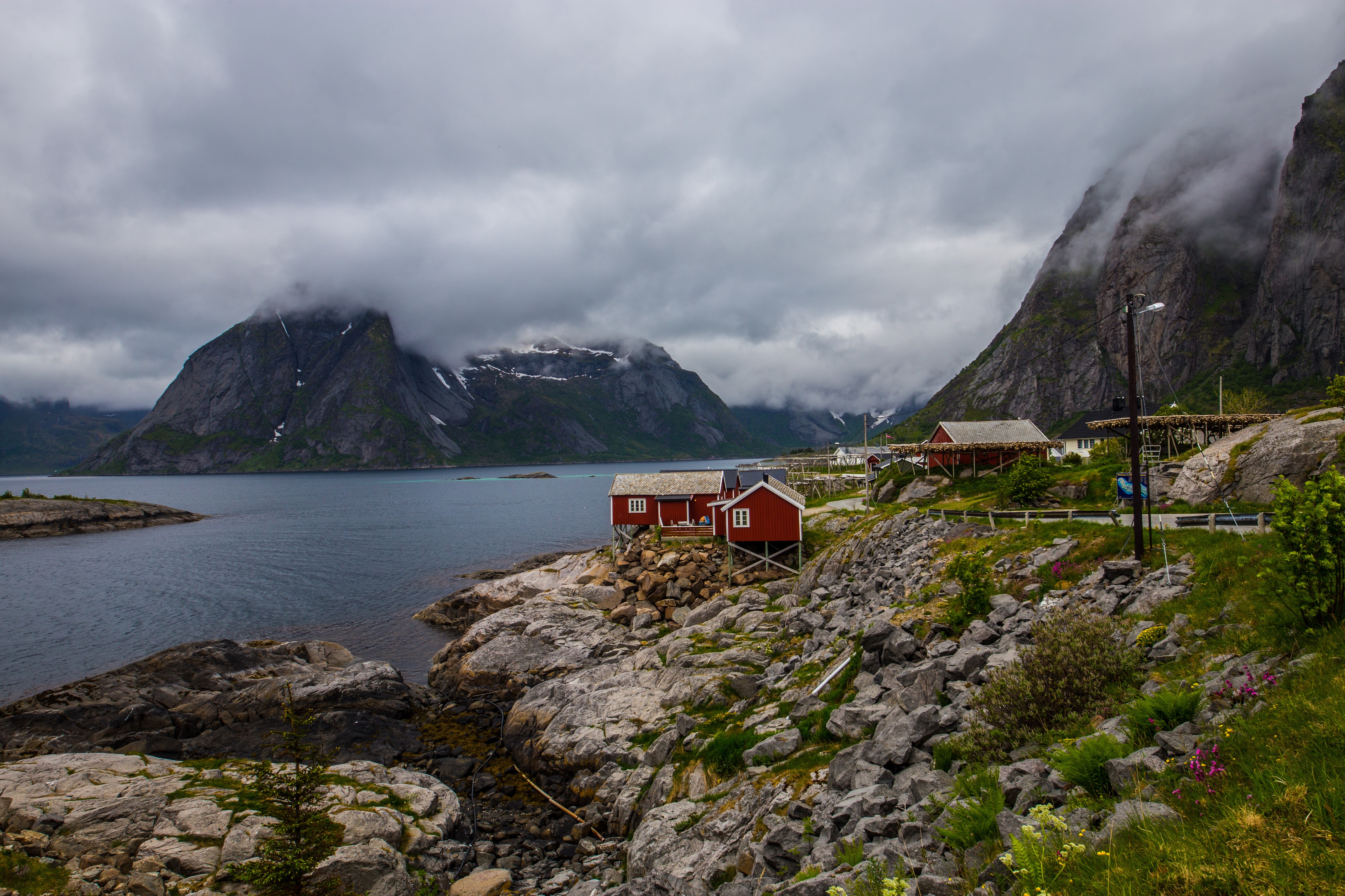 Red houses in Lofoten, Norway with mountains and clouds HD Wallpaper